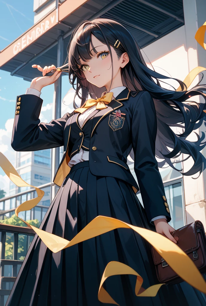 (16K,Ultra-high resolution,Highest quality,masterpiece,Super detailed,Very vivid CG),A beautiful girl with black eyes from the future wearing a black coat,Brown hair twin tails,Superpowers,Anatomically correct body,Perfect Shadow,Highly detailed facial features, Beautiful and perfect face, Perfect Eyes,He takes out a gold pocket watch from his palm.,CG effect of a giant clock in the background,spring evening,Cherry blossoms in full bloom and the full moon,Light only by moonlight,Cherry blossom petals fluttering,Brown Skirt,Purple tie,Smiling at the audience