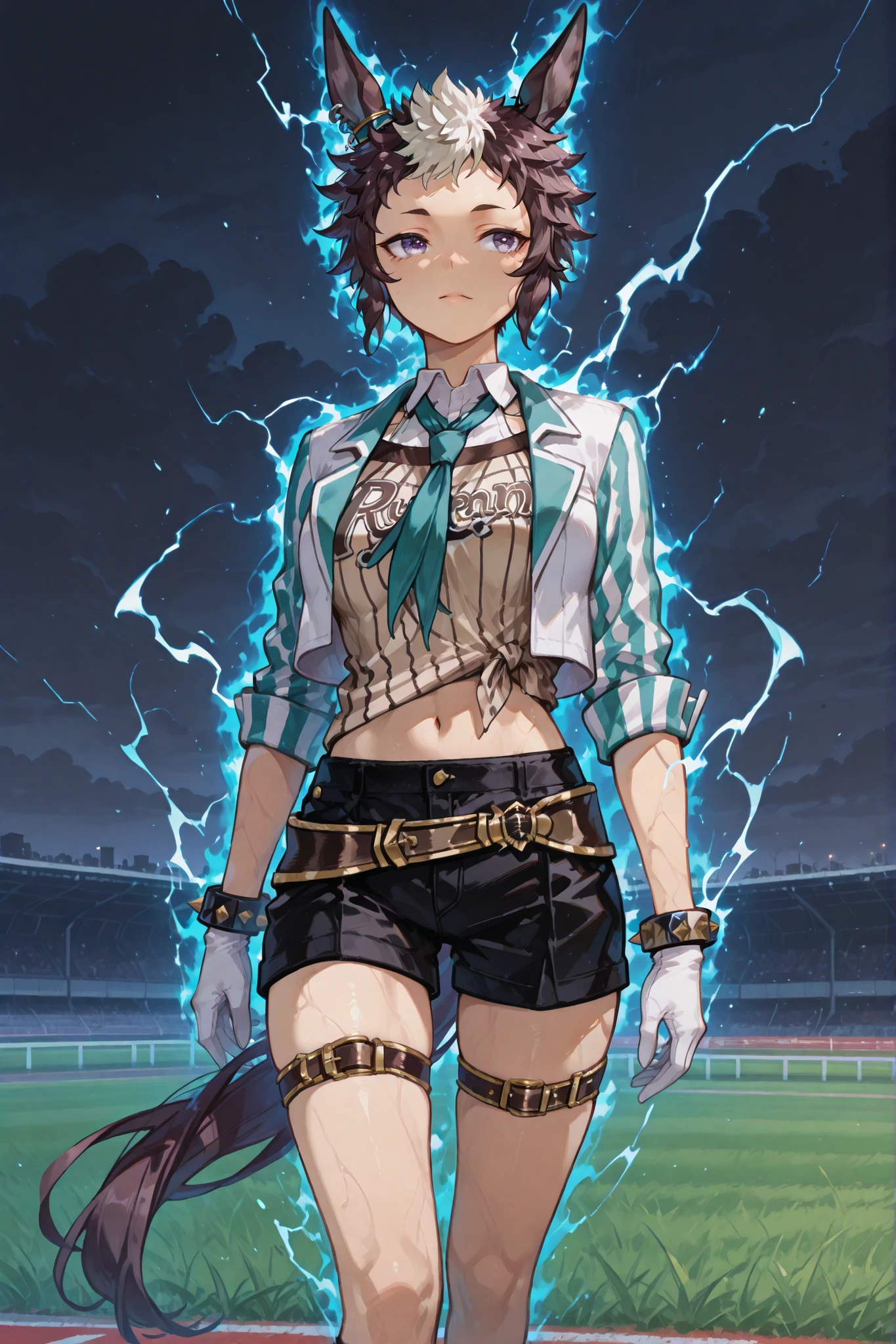 mejiro ryan (umamusume), two-tone jacket, white jacket, aqua jacket, cropped jacket, vertical-striped jacket, open jacket, sleeves rolled up, layered shirt, brown shirt, vertical-striped shirt, tied shirt, clothes writing, white shirt, collared shirt, aqua necktie, white gloves, black shorts, brown belt, thigh belt, spiked bracelet, midriff, navel, a cold condescending look, standing confidently on a grassy racetrack, surrounded by a blazing blue aura with swirling energy, dark stormy sky with a faint lightning glow, hair and outfit flowing in the wind, cinematic lighting, anime style, ultra-detailed, 4K resolution, super muscle Waist-thick legs
