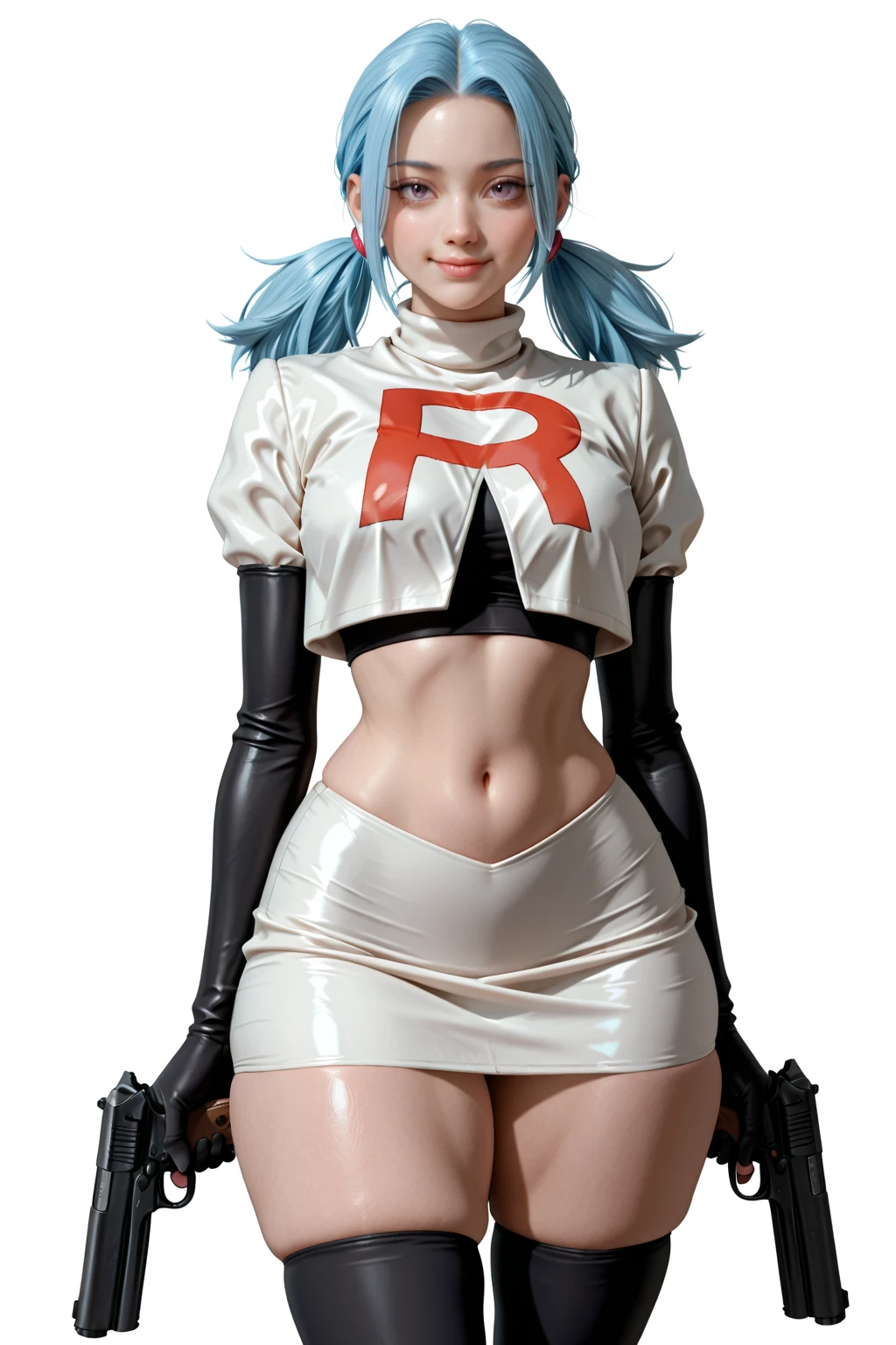 (masterpiece,highest quality,In 8K,Super detailed,High resolution,Realistic,absolutely:1.2),(A female officer of Team Rocket is walking.:1.5),(Always alone:1.5), (Wearing Team Rocket's uniform,There is a big red"R"The characters are drawn:1.5),(cute type of woman:1.4),(Detailed facial depiction, villain's smile:1.4), (bowl cut, blue hair color:1.5),(accurate hands:1.4),(woman's hand:1.2),(wallpaper:1.5),(cowboy shot:1.5),(overlook:1.5), (20 year old Japanese woman,clothing that fits,Make your skirt very short, Black patent leather long boots:1.3), (secret society hideout), (camel toe:1.3), (The upper body is thin:1.4), (flat chest:1.4), (big butt, thick thighs:1.4), (A is being looked at from below.:1.4)