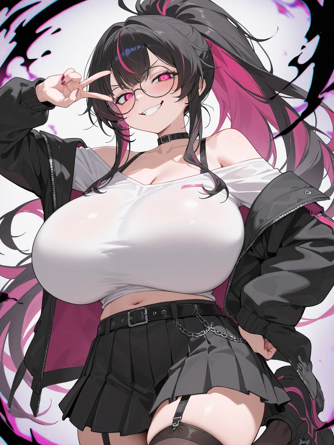 blush, glowing aura, dark light, masterpiece, glossy skin, juicy lips , ,sexy, hot, , cleavage, evil,juicy lips, bimbo, hour glass, black hair, wide eyes, silver eyes, massive boobs, ((clenched teeth)), dark lighting, long hair, pink bow, platform shoes, bow in hair, round glasses, black hair, no hair on forehead, no fringe, juicy lips, ((vikings outfit)), ((white fur collar)), (((angry)))