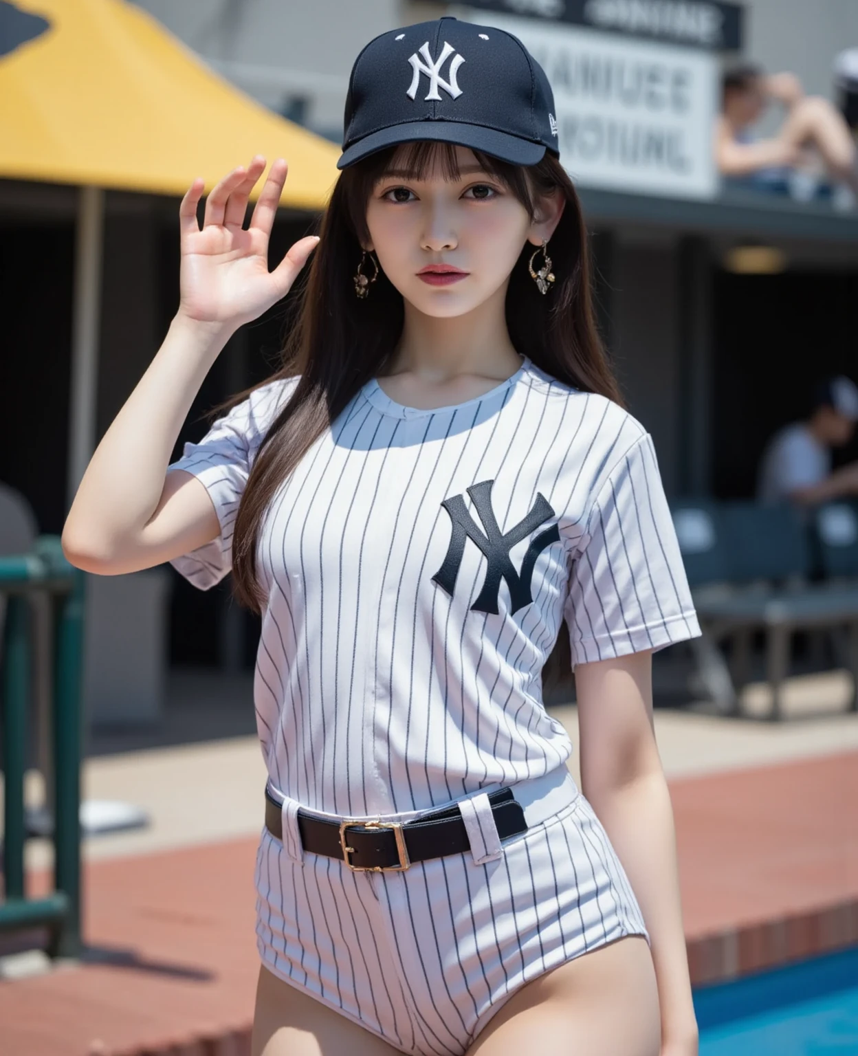 muste piece, best quality, illustration, Super detailed, fine details, High resolution, 8K,wall paper, perfect dynamic composition,(Details High quality, realistic depiction of eyes:1.3), short hair, (wavy hair:1.2), Baseball Stadium, (Sexy Baseball Uniforms), a miniskirt, Toned buttocks, huge breasts,  black hair color, Big Natural Color Lip, bold sexy pose, crying a little、cold gaze, Harajuku style、20 year old girl、cute type、lolita、beautiful legs, full body photo、focus on crotch, hposing Gravure Idol