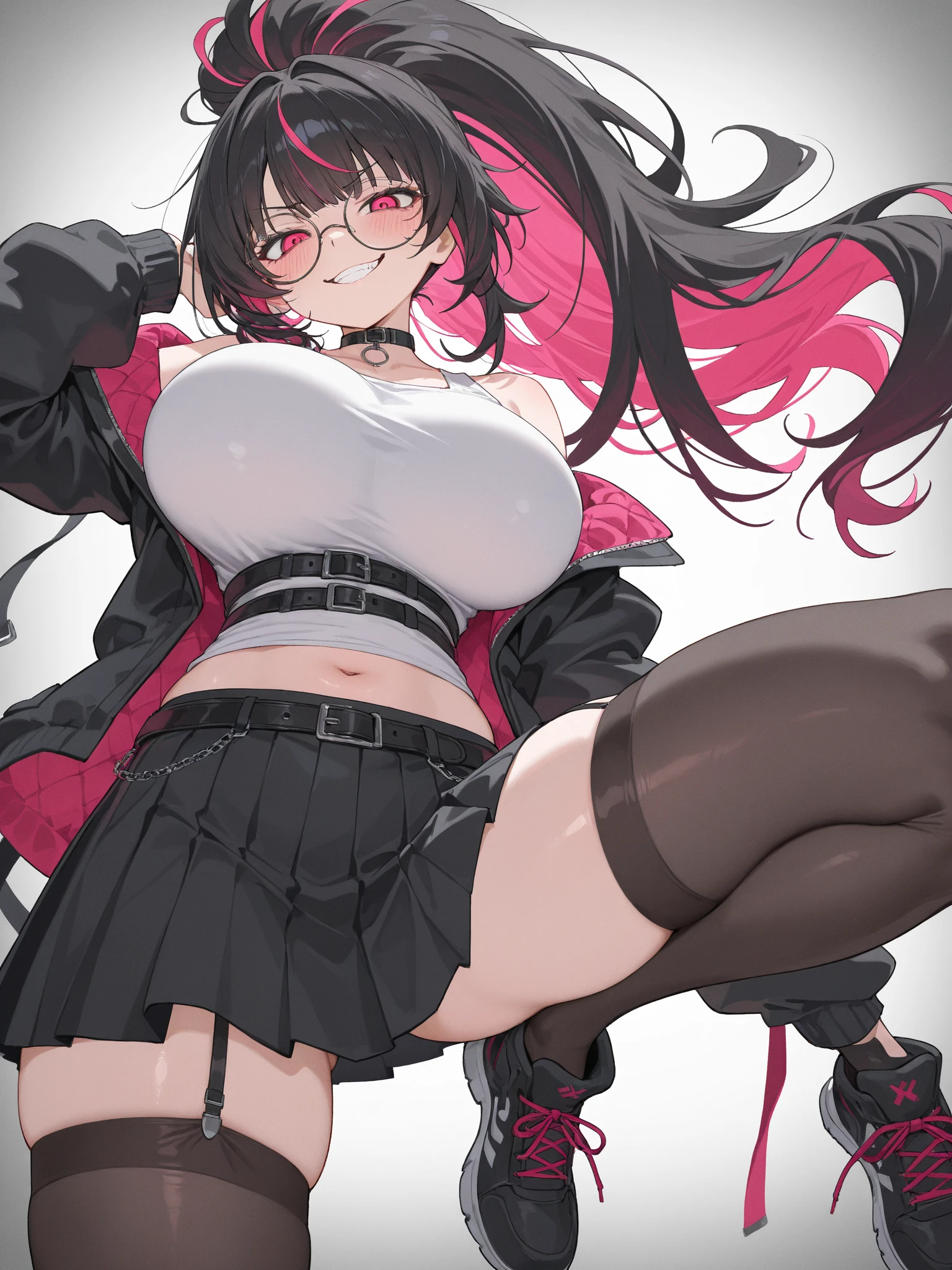 Anime Kawaii sexy Perfect Slim sensual body large breast and huge thighs, An intricate and highly detailed illustration of anime (Young girl red plaid miniskirt , shoes black , pleatedskirt , assassin , all-body , White sweater , black gloves , Stockings , GARTER BELT , Bblack hair , eyes black , slickedback hair , thicc thighs , all-body , standing posture , Face , close up