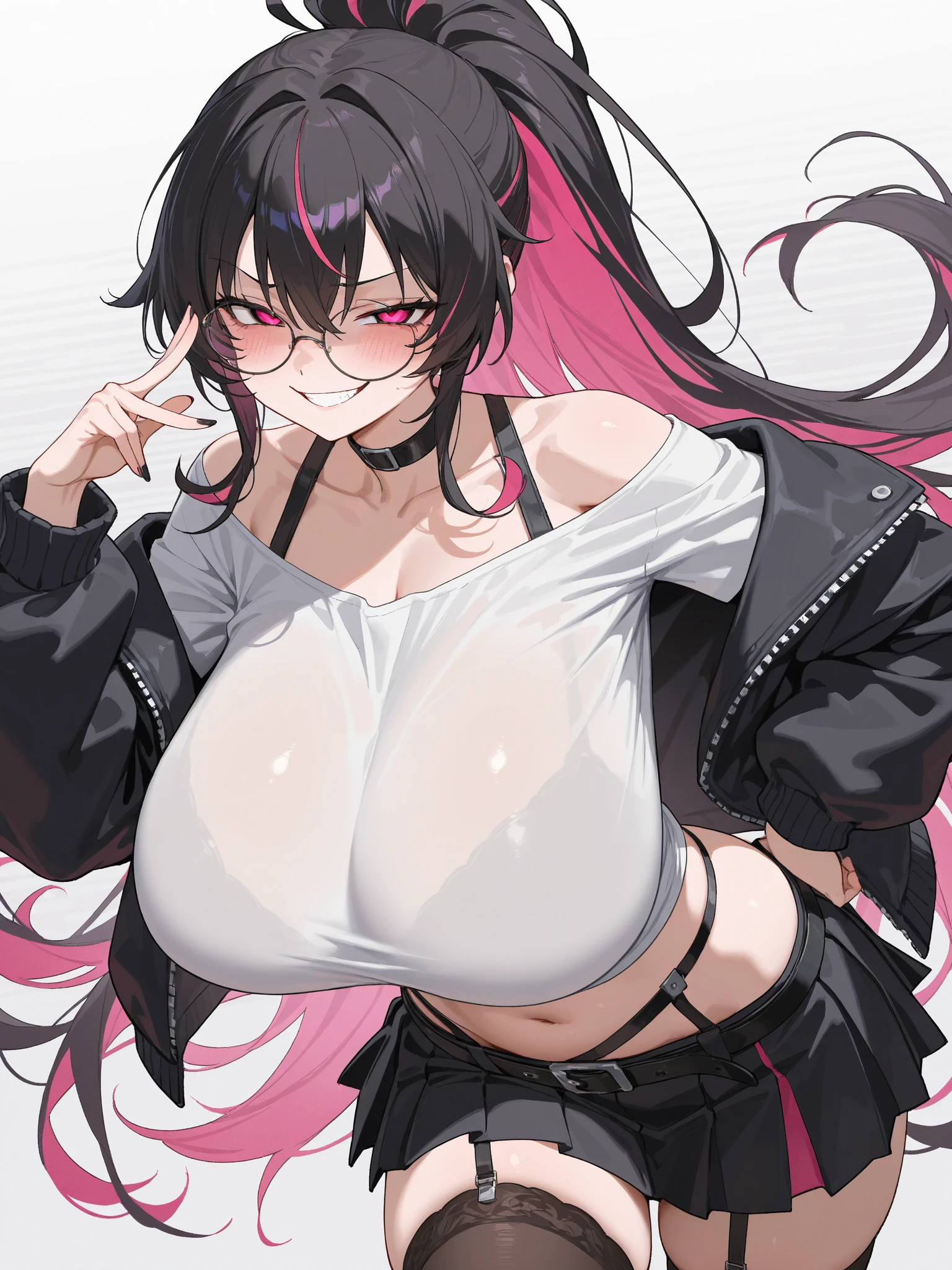 （（（1girll））），Cat ears，cabelos preto e longos，vests，jaket，cowboy lens，eye glass，medium boob，yellow backdrop，with her mouth open，Be red in the face，