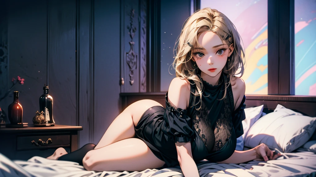 ((8K,tmasterpiece,realisticlying),(Hyper-detailing,Ultra-clear,naturey),((wavy white long hair):1.3,beatiful detailed eyes,Perfect proportions,eyes with brightness,choker necklace,ear jewelry,Pink and moist lips,The face is perfectly lit),1 busty beauty with,Cosy bedroom,Hair is shiny,The halo,Exposed bandeau silk maxi dress,Exposed milk,Elegant and beautiful hairpins,White wavy curls,Bare-legged and high heels,Reasonable movements,Very soft boobs and ass,Slender beautiful legs,Stretch meat,Fair and moisturized skin。