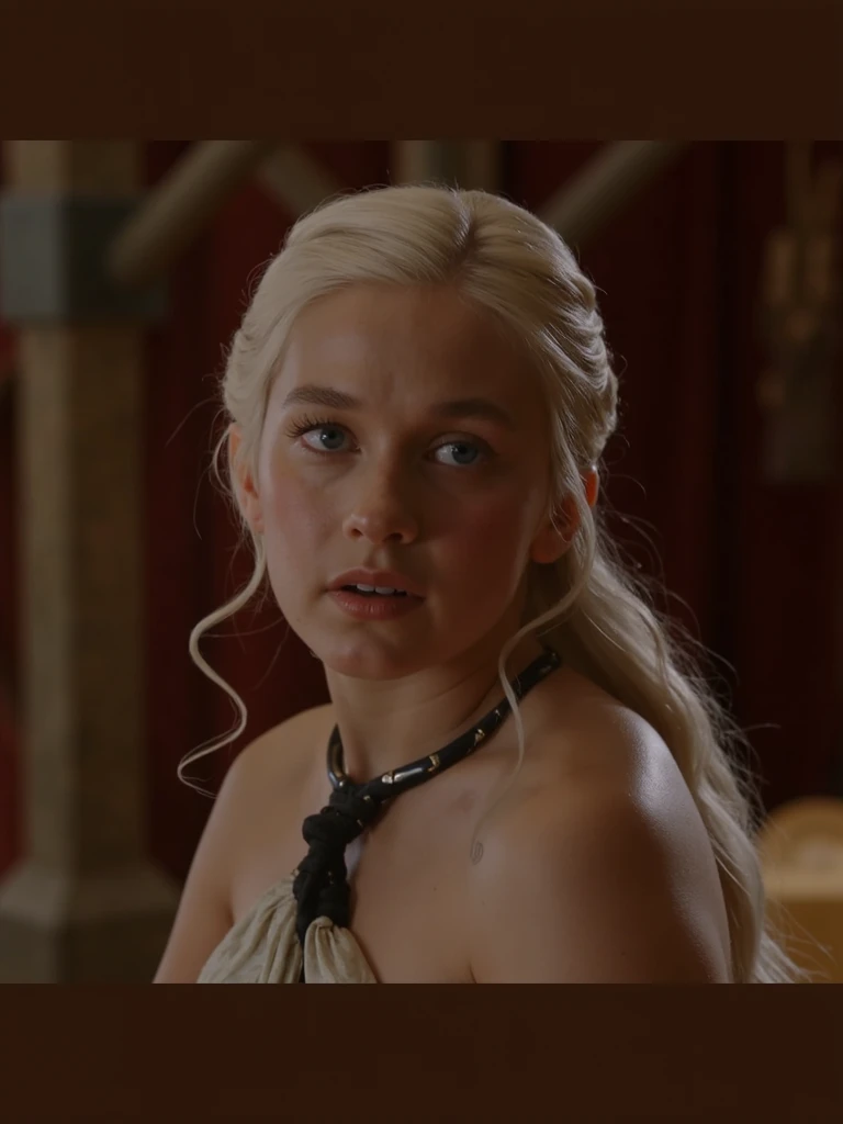 Masterpiece, best quality, detailed face, Emilia Clarke, platinum hair, sexy dress, midriff, in a room, looking at viewer, sexy smirk face