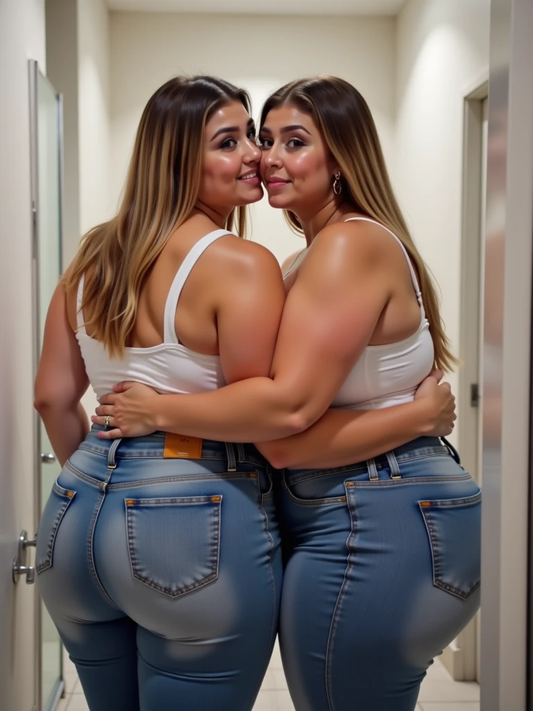 two women taking a selfie in a mirror in a bathroom, bella thorne and megan fox, high quality upload, snapchat photo, mirror selfie, beautiful girls, posing!!, profile image, lana del rey and zoë kravitz, 💋 💄 👠 👗, profile picture, selfie photo, profile pic, two models in the frame, beautiful women, mirror selfie, beautiful girl, big ass, huge ass, bbw, from behind, thick, thick thighs, wide hips, bbw, big tits, sideboob, giant ass, back view, big butt, round butt, tight underwear, underwear halfway off, underwear taking off, grabbing ass, ass spilling over underwear, too thick for clothes, looking left, leftwards