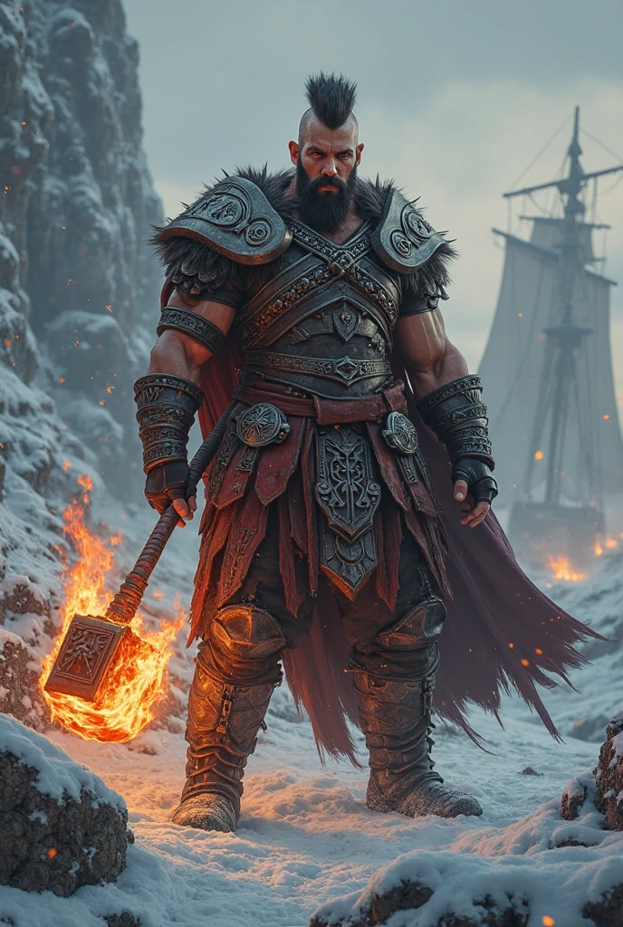 Thorvik, the Sea Wolf Height and Physique: - Height: 1.93m (6'4") - Physique: Powerfully built and muscular, identical to Jason Momoa. Broad shoulders, well-defined chest and abs, strong arms, and an overall imposing presence. Hair and Beard: - Hair: Long, dark brown to black, slightly wavy, often partially tied back or braided. - Beard: Full and rugged, styled similarly to Jason Momoa's signature look. Clothing and Equipment: - Clothing: Rugged Viking attire with leather armor pieces, a fur-lined cloak, and weathered boots. - Weapons: - Axe: A large, single-headed battle axe in his right hand, adorned with Norse runes. - Sword: A longsword sheathed on his back, with a wolf's head pommel. Eyes: - Eye Color: Deep, dark eyes that seem to absorb light. The irises are a mix of midnight black and the deepest shade of red, creating an unsettling, abyssal appearance. When he uses his powers or becomes enraged, faint red embers seem to glow within the darkness of his eyes. Accessories and Companion: - Spectral Raven: A ghostly raven perched on his left shoulder, its eyes matching Thorvik's dark, ember-like glow. - Scars: Several battle scars across his body, with a prominent one across his left cheek. Background: - Setting: A village under Viking attack. Buildings burn in the background, thick smoke mixing with an unnatural, dark fog. The sky is stormy and ominous. In the scene, a Viking raider (not Thorvik) is laughing while restraining a villager. ### Illustration Suggestions: Base Thorvik's overall appearance closely on Jason Momoa, particularly his muscular build and facial features. The eyes should be the most striking feature - deep, dark pools with a hint of smoldering red, conveying a strong connection to darkness and hidden power. The spectral raven should enhance this supernatural aura. Portray Thorvik as a dominant figure in the chaotic raid scene, his expression a mix of grim determination and dark satisfaction. Style: Dark Fantasy with strong supernatural eleme