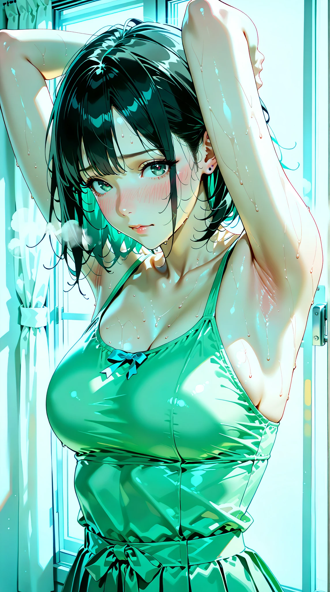 ((Highest quality、masterpiece、、Realistic、超High resolution、Very delicate and beautiful、High resolution、Cinema Lighting))、 Pool、((A scene where a woman splashes water on the viewer:1.9))。((Short Wavy Hair:1.6))、smile。(Brightly colored swimsuits with easy-to-move-in designs)。Her movements are very lively and fun.、(Water splashes everywhere。背景には青いPoolの水とPoolサイドのデッキチェアとパラソルが見えます.。The sky was clear and、The sunlight reflects off the water surface)。The overall atmosphere is one of summer fun..。