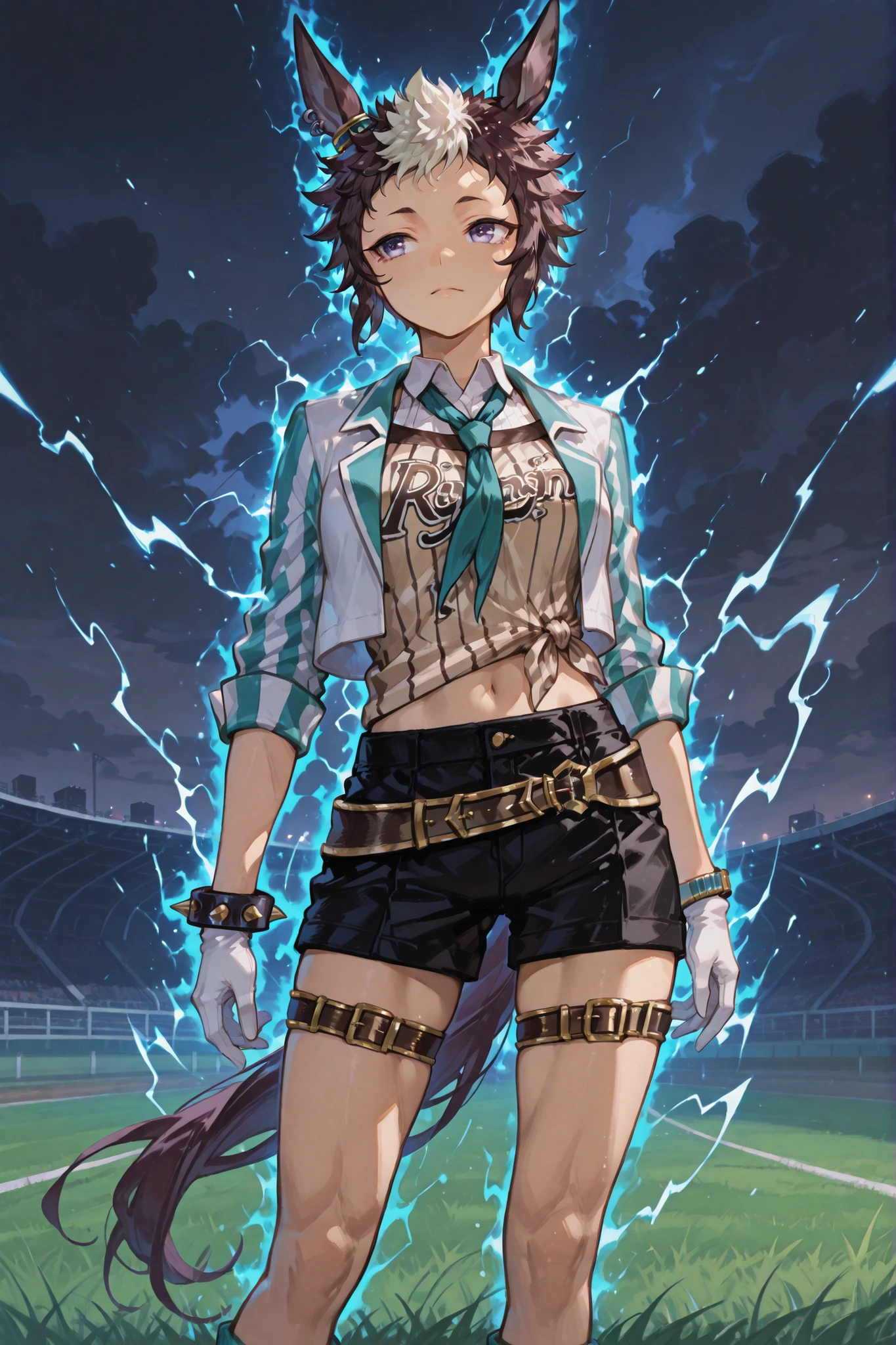 mejiro ryan (umamusume), two-tone jacket, white jacket, aqua jacket, cropped jacket, vertical-striped jacket, open jacket, sleeves rolled up, layered shirt, brown shirt, vertical-striped shirt, tied shirt, clothes writing, white shirt, collared shirt, aqua necktie, white gloves, black shorts, brown belt, thigh belt, spiked bracelet, midriff, navel, a cold condescending look, standing confidently on a grassy racetrack, surrounded by a blazing blue aura with swirling energy, dark stormy sky with a faint lightning glow, hair and outfit flowing in the wind, cinematic lighting, anime style, ultra-detailed, 4K resolution, Muscular legs that are thicker than the waist