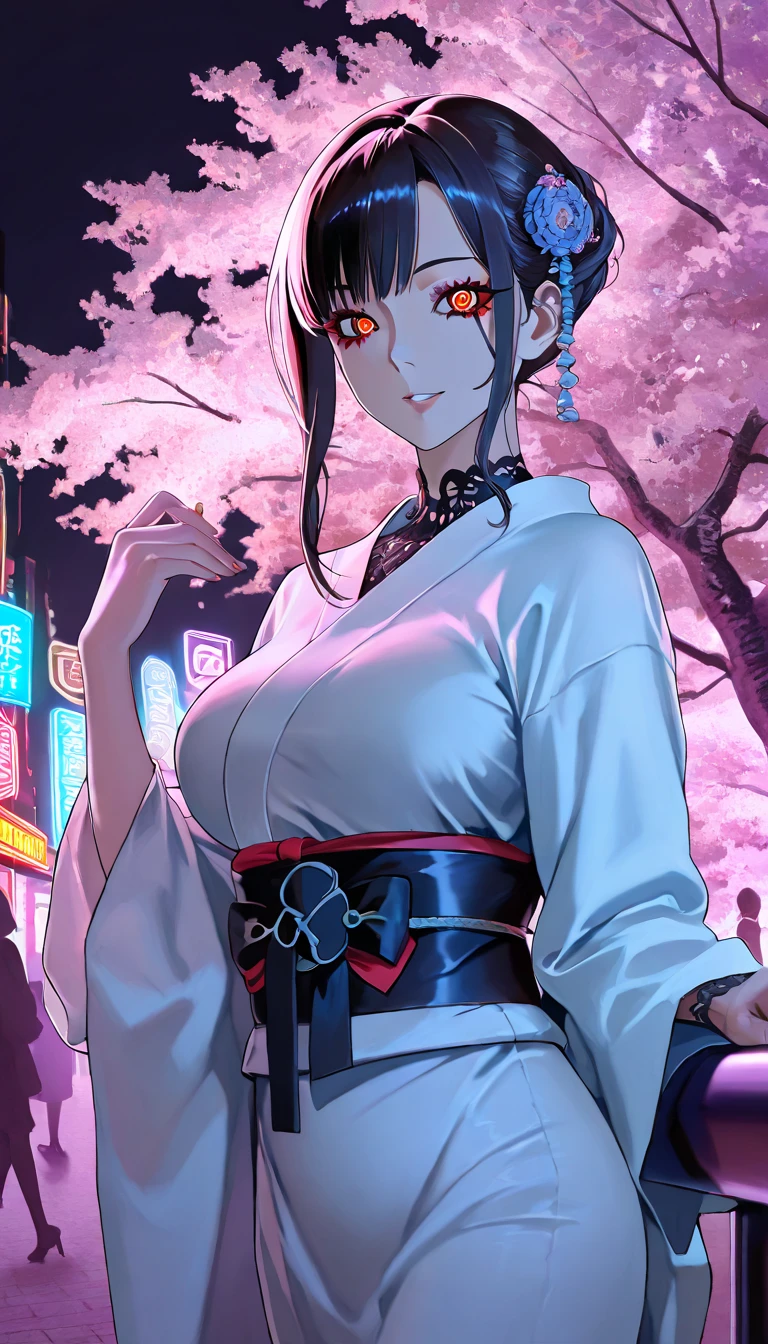 One person, Blunt bangs, Braiding, Wide sleeves, hair ornaments, kimono, Says Obi, (Purple Hair:1.2), Very long hair, Straight hair, View your viewers, Highly detailed background, (Photorealistic:1.2), Detailed eyes, Red eyeshadow, Depth of written boundary,thigh, (Urzan-6500:0.7), Upper Body, (alone:1.2), (Cyberpunk City:1.1), Cleavage, (Put your finger on your lips:1.1),Glowing Skin