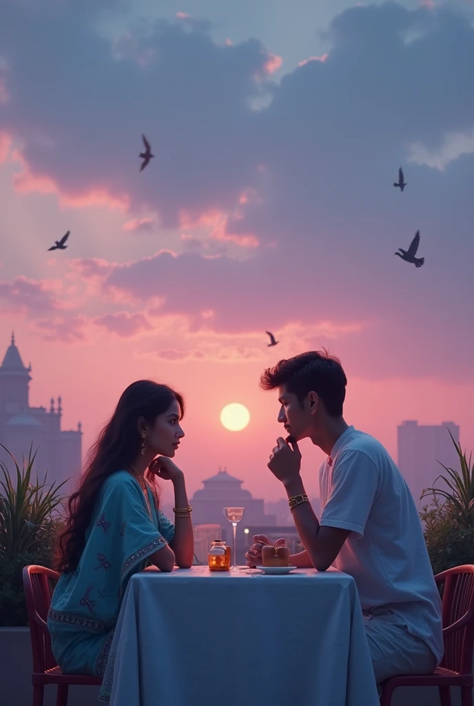 Date: 1999
Location: Barcelona, Spain
Description: At a rooftop bar overlooking the city, a man and a woman engage in whispered conversations as colorful city lights twinkle against the fading indigo sky.