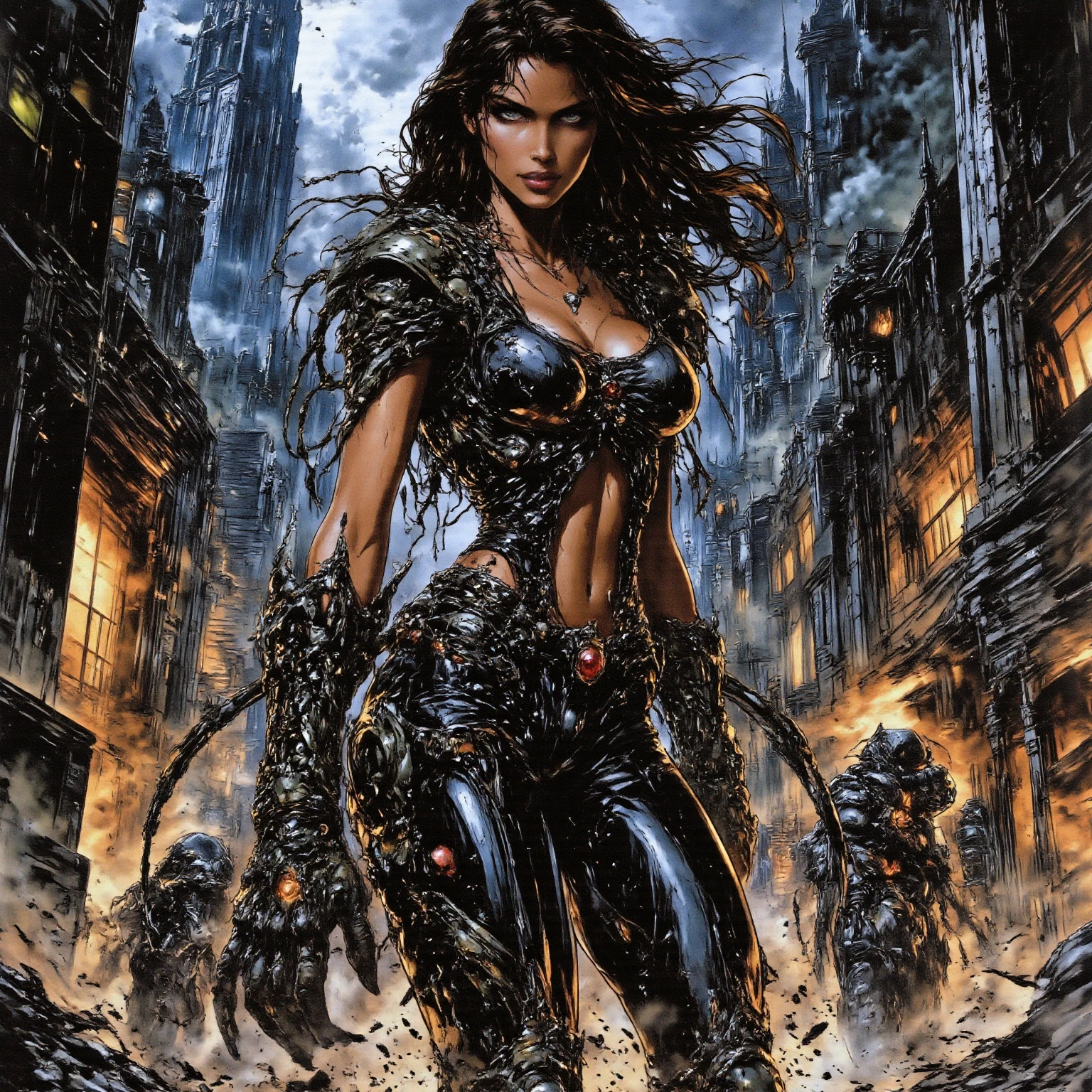  a sexy female knight wearing Lovecraftian armour,  she has a serious look on her face, it is early morning, she is in the middle of the village square 