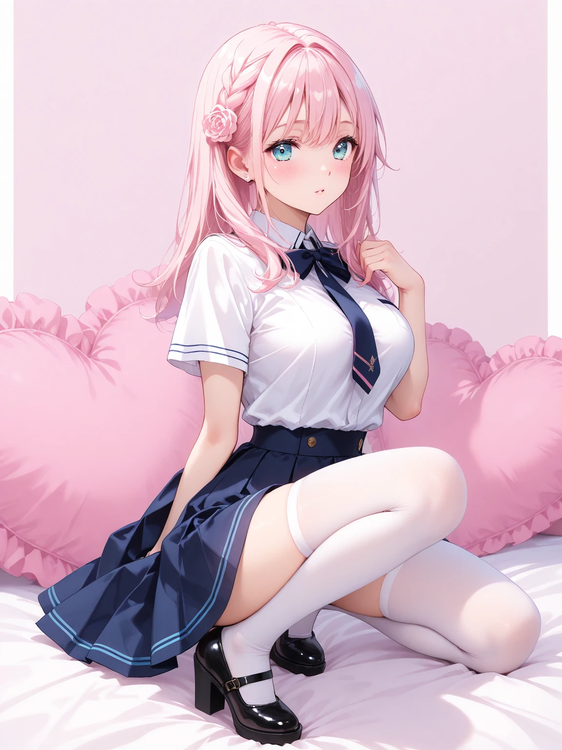 one youg girl, long Pink hair, blue eyes,with blush cheeks,Show Legs, large full breasts,(full-body view), Pretty Face, Shy, embarrassed, school shirt and skirt, (empty background), erotic posing,Dynamic posing,Arrange pose,dramatic, on her knees