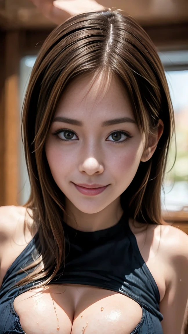 masutepiece, Photorealsitic, Best Quality, intricate and delicate, 8k wallpaper, top-quality, ​masterpiece, realisitic, ultra-detailliert, 1人の女性, smil, Looking at the camera, Tangerine V Neck Dress, Focus on the face