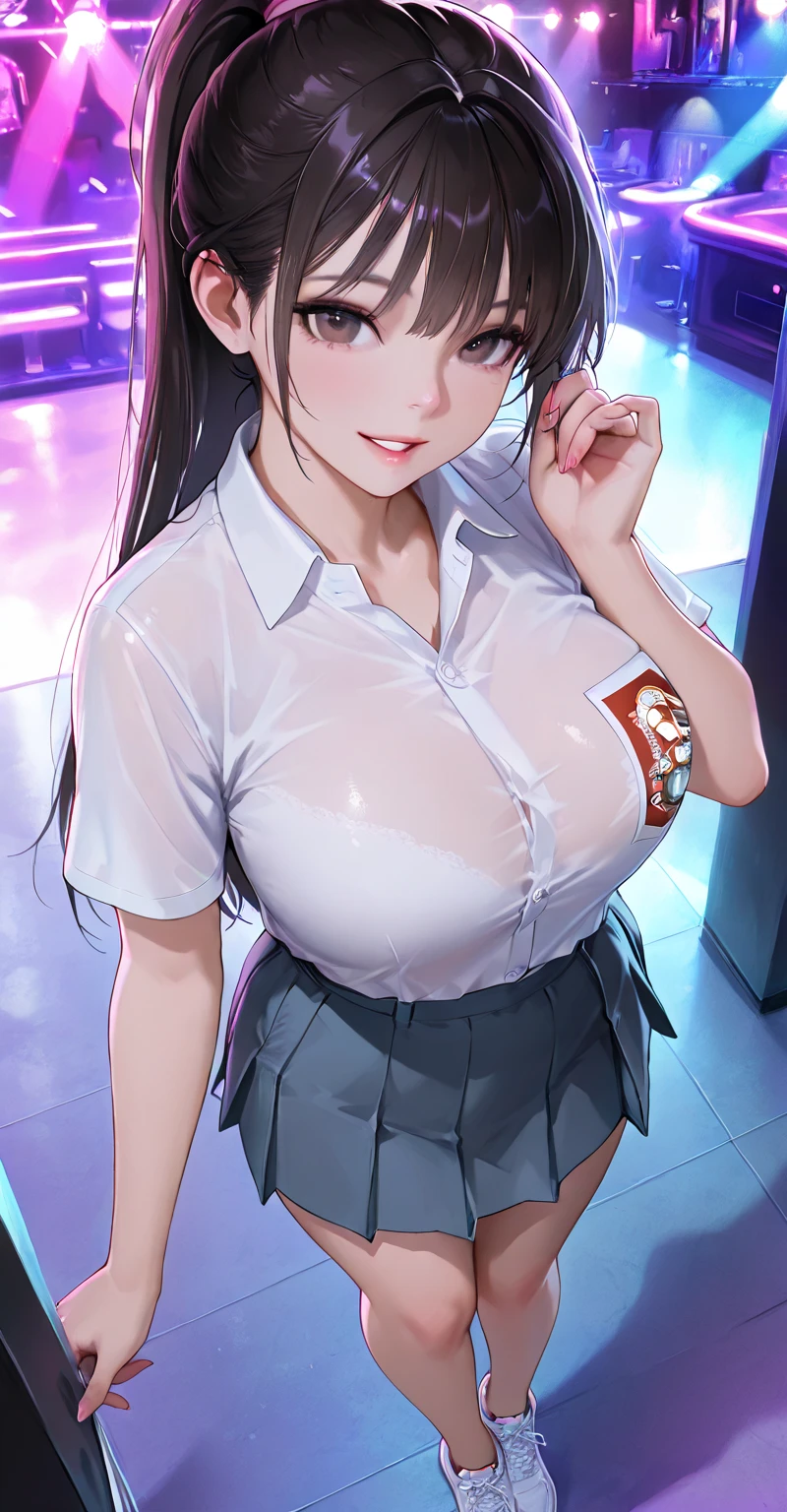1girl, solo, white polo shirt, white sneakers, tennis wear, white mini skirt, masterpiece, best quality, realistic, super detailed, (shiny skin, sweating: 1.4), ridiculous, looking at the audience, short black hair, brown eyes, slender, dynamic light and shadow, high resolution, sharp focus, depth of field, fine eyes, sharp pupils, realistic pupils, (big breasts: 1.6), (big long thick: 1.0), outdoor, sky, enchanting posture