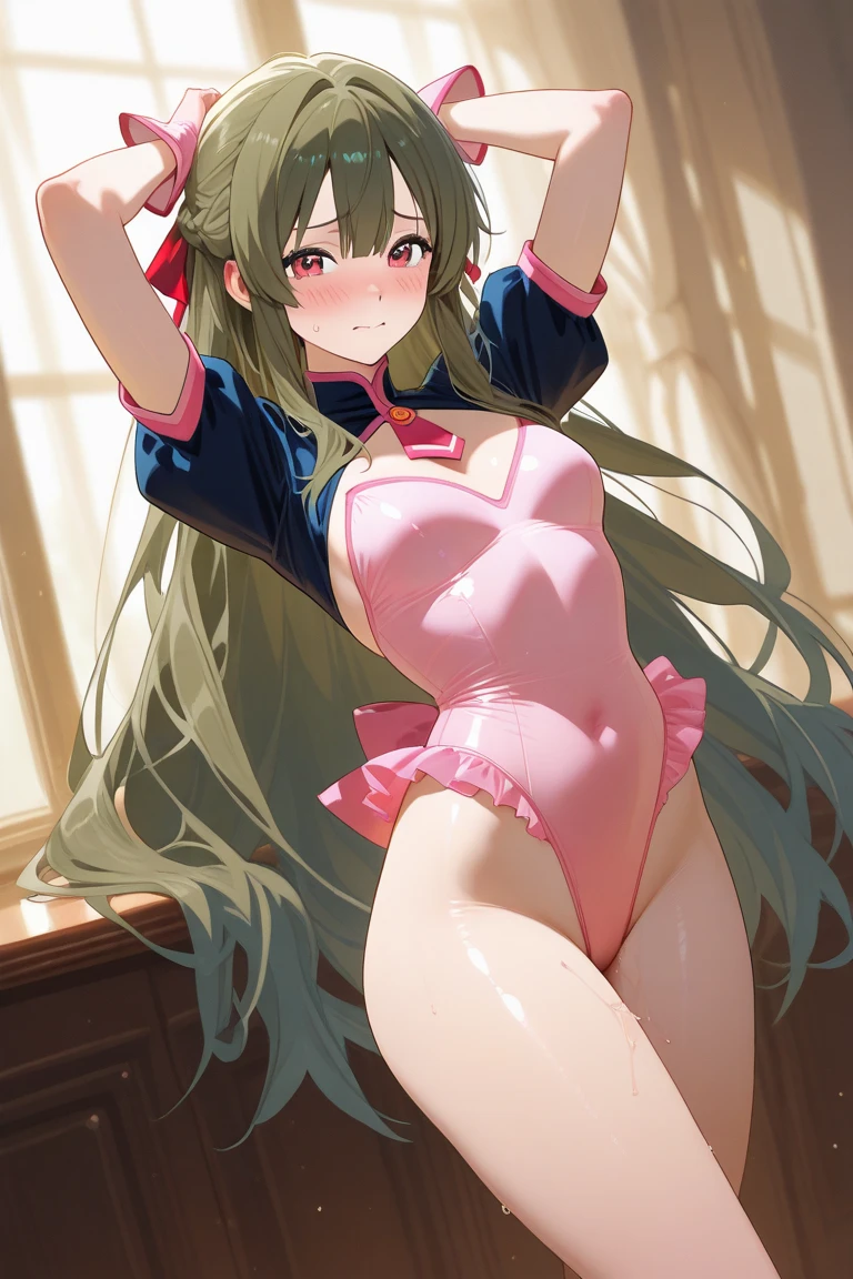 (masterpiece),high detail,stand, hands on waist, throw one's chest out, smile, laughing, looking up, sweat, outdoor, sun rise, nimbus, portrait,1girl,special week o \(umamusume\), sleeveless shirt, pink shirt, sailor collar, capelet, red neckerchief, black gloves,, black shorts, high heel boots,masterpiece,best quality,1girl,military uniform,kuromorimine military uniform,special week (umamusume),collar,see-through,school_swimsuit,tsurime,rolleyes,naughty_face,endured_face,toilet stall,high_heels,uwabaki