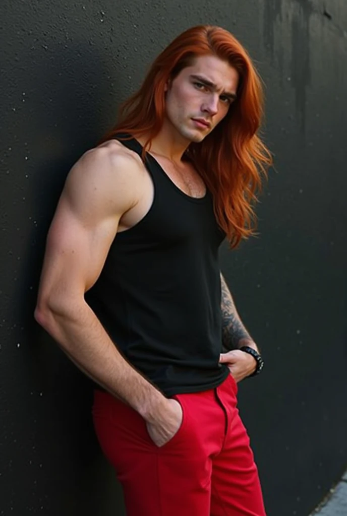 Handsome young man with fiery red long hair, waist up portrait, The light dances in the eyes, lips, Sparks fly from your fingertips, cos, Invoice Skins, on a black background, in the photo studio, Backlighting. Beautiful torso, lowbrow, impassioned, Sexual