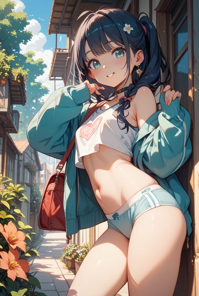 A (small) girl, , small breasts, small ass, belly button, low-cut shorts, high-heeled sandals, micro bikini top, erect nipples, long hair tied in twintail, outdoors,