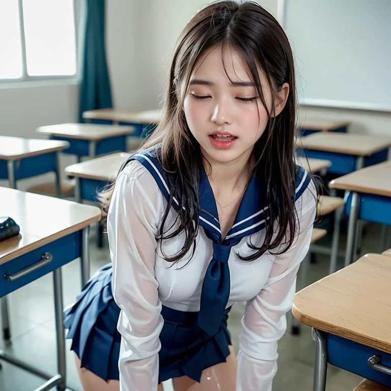 highest quality、4k、8k、High Resolution、masterpiece: 1.2、 Super detailed、Real、Photorealistic、Photorealistic: 1.37、(A beautiful 15-year-old woman is wearing a Japanese junior high school uniform:1.2)、(Beautiful delicate eyes with long eyelashes、Beautiful delicate lips、Her face is very detailed and clear、A beautiful face with a big nose)、(She is squatting with her legs spread wide.:1.55)、(Shoot from below, focusing on the crotch area between the legs)、(She lifts the hem of her skirt to reveal her panties)、(With an expression that has reached sexual climax:1.4)、(Expressions of embarrassment and excitement:1.43)、(This is a classroom)、Impressive landscapes depicted、Exquisitely drawn characters、Crisp, detailed textures、professional writing、Vibrant colors、Warm and soft colors、Three-dimensional effect expressed by light and shadow、