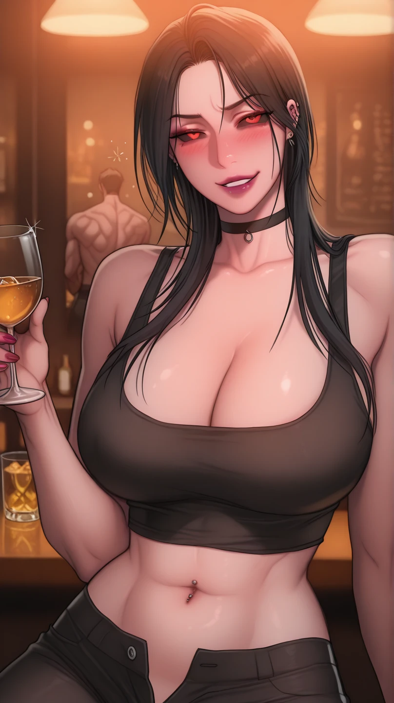 one girl, defTifa, pale skin, low-tied long hair, prefect face, red eyes, blush, parted lips, busty, huge breasts, nipples, earrings, topless, black miniskirt, pencil skirt, elbow gloves, black thighhighs, hand on hip, looking at viewer, indoor, cyberpunk, bar, neon, soft lighting, <lora:tifa-nvwls-v2:0.7>, <lora:more_details:0.3>