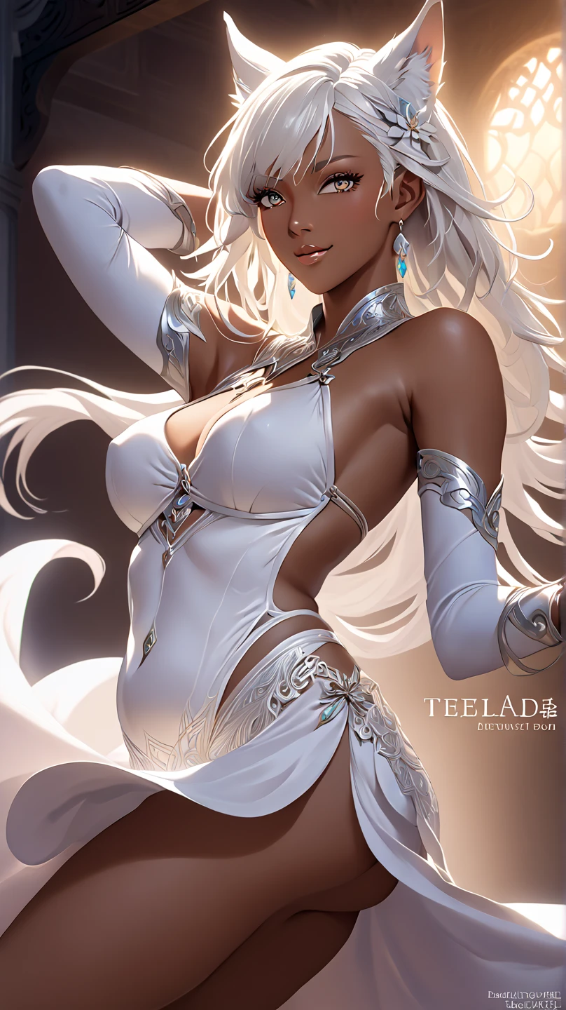 Best quality, solo mature woman, enormous breasts, giant ass, very curvy, dark brown skin, very long ash blonde hair, silver eyes, full lips, seductive, white goddess robes, flower crown, gold jewellery, goddess, curvy physique, thick thighs