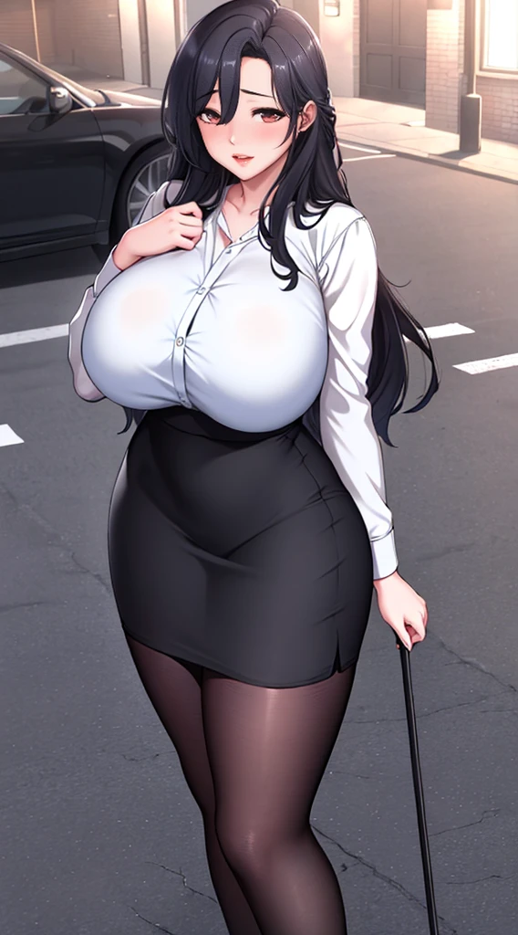 (8k, RAW photos, top quality, masterpiece: 1.2), (realistic, photorealistic: 1.37), (High Quality), (Ultra realistic), (High Details), (Face detail), (Shadow Detail), (big breast : 1.7), (29yo), Mature Female, MILFLooking at viewers, 1 girl, solo, brown eyes, Eye glasses, black hair, Ponytail, Extreamly Face Detailed, (179Cm Height), ((Small Breast)), slim stomach, White Shirt, Black Skirt, Office Lady, (Wide Hips : 1.7), (Long Legs : 1.7), ((Full Body Shot)), Black hels, Smile