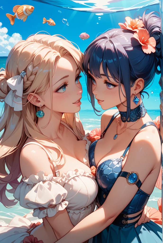 beautiful Girl,the ocean,sandbeach,big breasts exposed cleavage,Two-dimensional illustration,Delicate details,Vibrant, colorful,Thermal lighting,Rich shadow effects,Soft strokes,cuteexpression,Gorgeous costumes,natural vibe,Soft light effects --auto