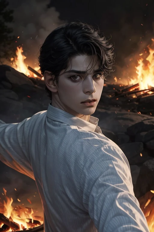 masterpiece, best quality, 1 guy 12 years old, male focus, realistic, extremely detailed face, beautiful, slim, in an open shirt, (yellow eyes: 0.8), (thick eyebrows: 0.5), [light skin tone: 1], [fair skin: 1], thin teenage body, light gray hair, (short hair: 0.8), black pants, sharp focus, demon, burning, fire, smoke, ash, cave, dynamic, lava spray, burns, clothes covered with ash --auto --s2