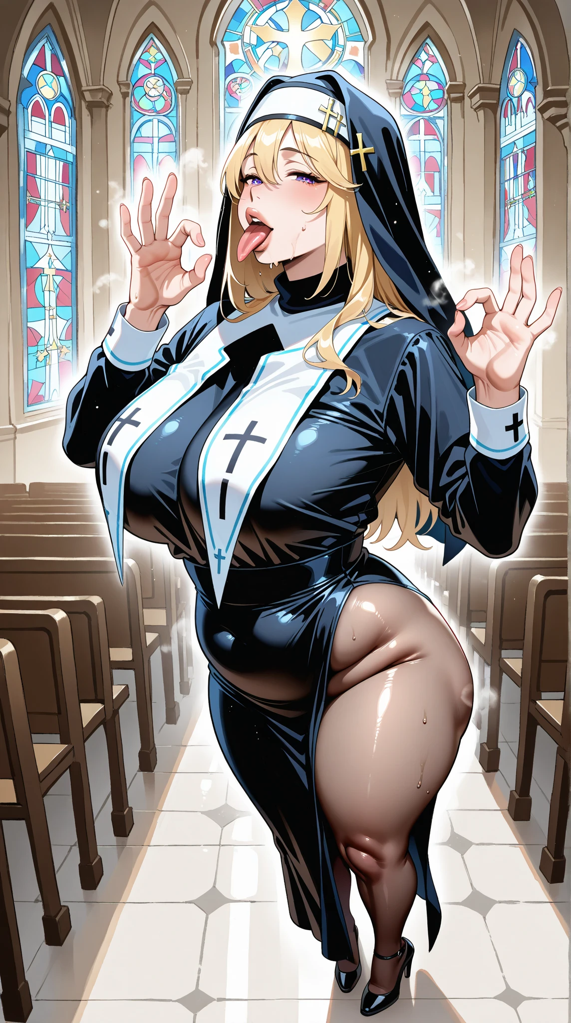 Score_9, score_8_up, score_7_up, score_6_up, score_5_up, score_4_up, source_anime, cute nun girl, closed eyes, nun robe, nun hood, sleeveless, sagging long breasts, huge dark areolae, areola slip, long nipple, dark nipple, hairy stomach hair, wide hip, thick thighs, hairy armpit hair, Japanese, cute Japanese, anime girl, hentai, sweating, heart mark words, smelly, crowded kids, penis, hentai, cum shot, sperm, bukkake, in neon signs, night, dirty street, praying, bukkake everywhere, blonde, midriff-baring, kneeling, cum shot on wall, nipple piercing, money, anime atmosphere, bukkake on head