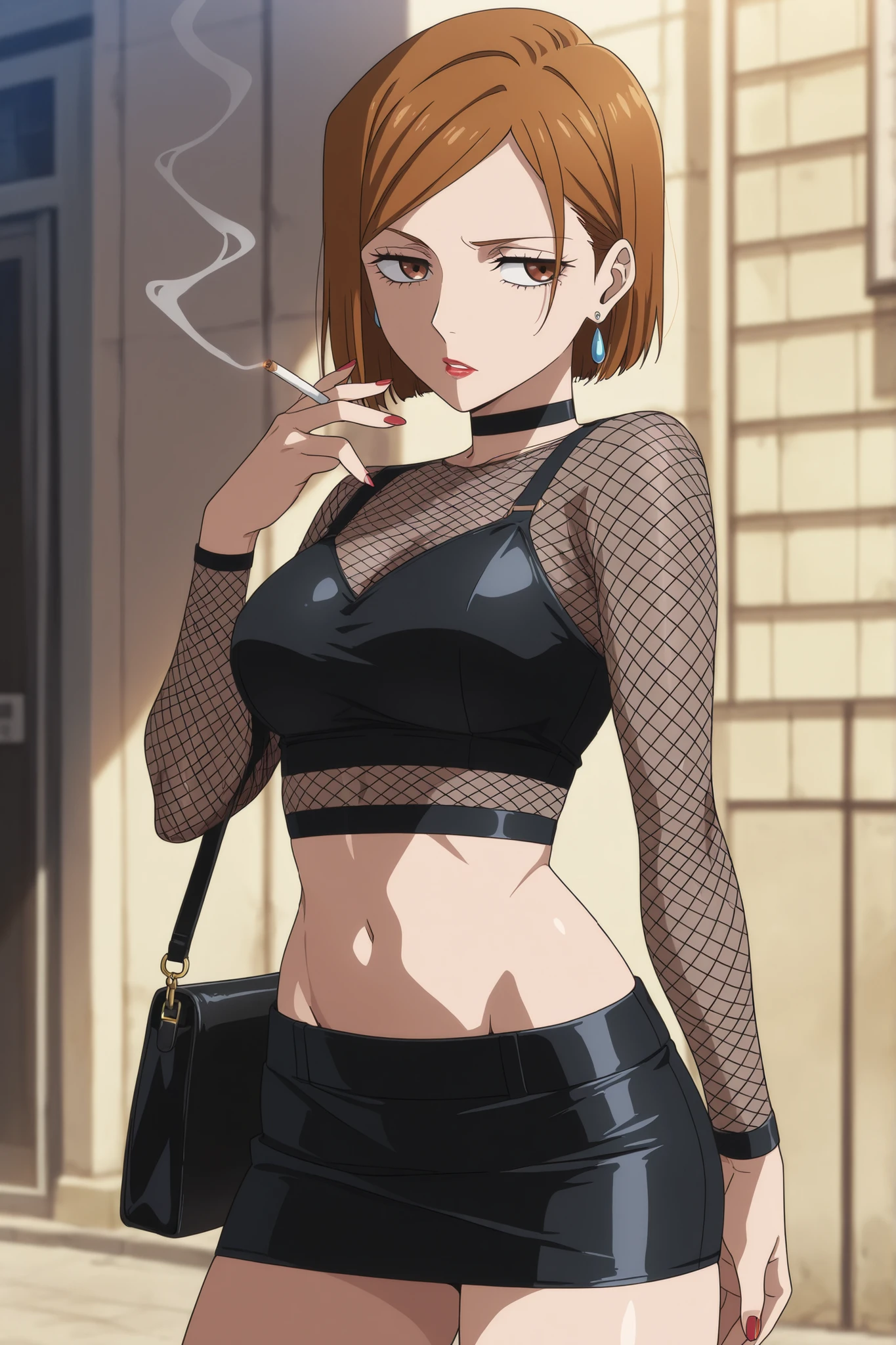 girl with light brown hair and light brown eyes, happy, wearing a jacket with black and white stripes, with her hair tied, makeup, with black pants, with a long bra with pink and black stripes