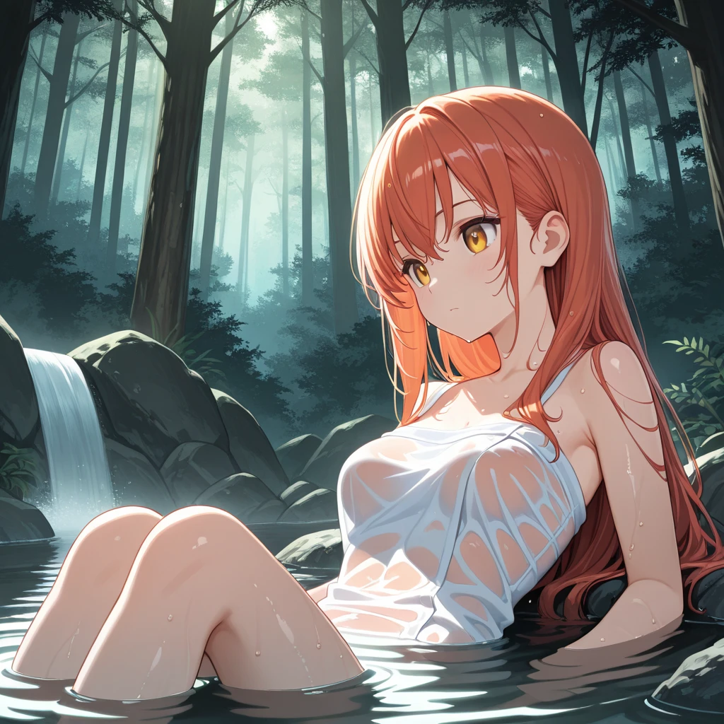 anime girl , orange eyes, orange hair, Long hair, white bikini, selfie to her chest, breasts closeup. happy smile. background a forest. beads of sweat on his chest, mischievous smile, Moe anime art style, bright red eyes, looking disgusted, looking angry, eyebrows raised, eyes wide open in shock, mouth making a grimace of repulsion showing teeth,  4K anime style, anime art wallpaper 8k, 4k anime wallpaper, 4k anime wallpaper, 4k anime wallpaper, anime art wallpaper 4k, anime art wallpaper 4k, manga wallpaper 4k, seductive anime girl, Kantai Collection Style, anime rudo 8K