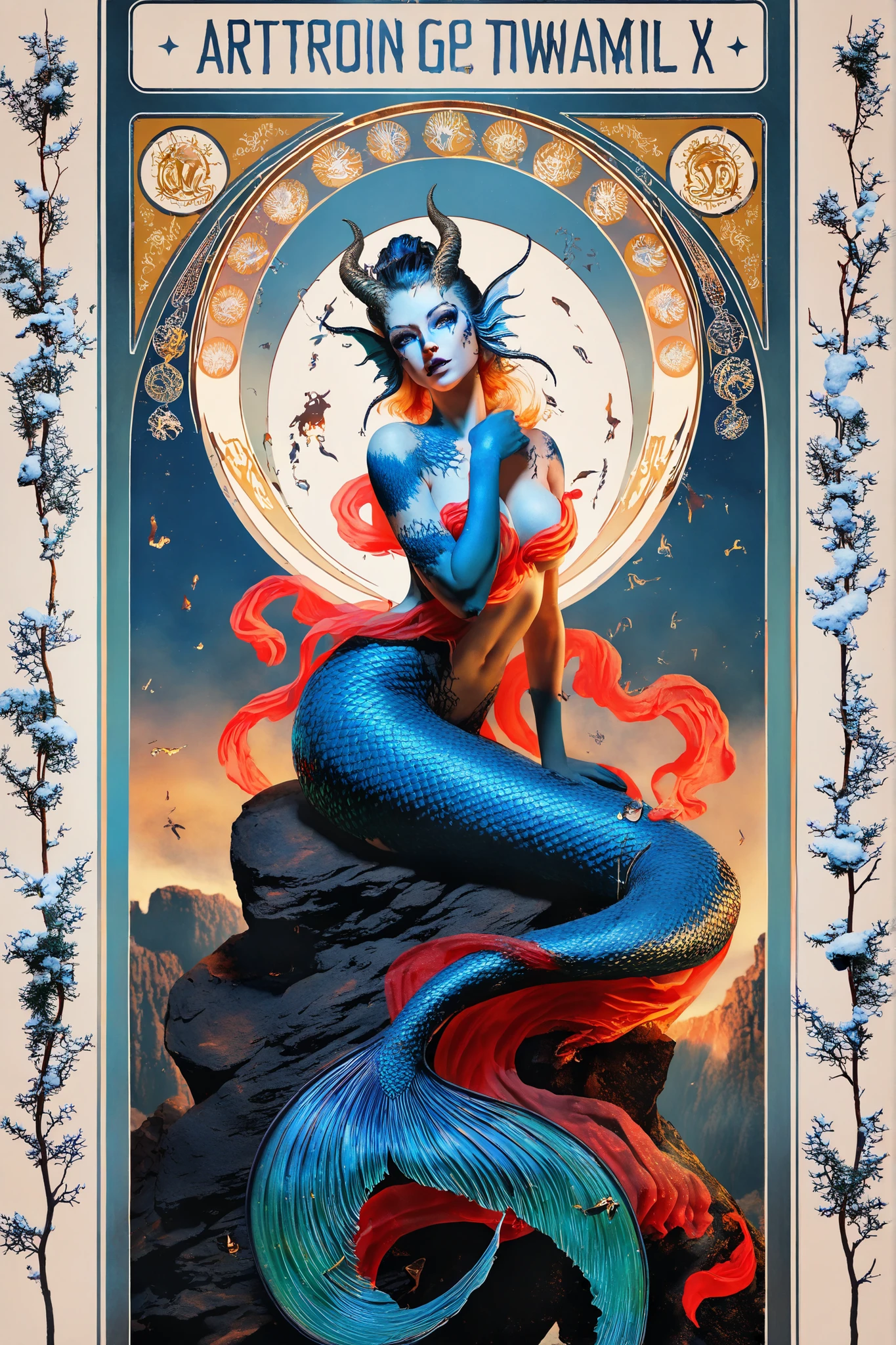 A powerful and elegant personification of the Capricorn zodiac sign (♑), depicted as a mystical woman seated atop a sharp, ancient rock formation. She is the embodiment of the Earth element — grounded, wise, and unshakable. Her long, graceful body transforms into a dramatic mermaid-like tail, colored in deep crimson red and black, shimmering like volcanic obsidian and embers. The tail coils behind her with flowing fins, adding motion and power.
Her upper body is poised and confident, feminine and graceful, with a strong gaze and sharp, determined eyes. She wears tall, textured goat horns on her head — curved and majestic like mountain peaks. Her hair is long and wild, blending black and wine red hues, flowing like wind through the pine-covered cliffs.
Around her and on her attire are symbolic plants: pine branches, rosemary, winter flowers like hellebore and lavender woven into decorative Art Nouveau motifs. The background features a stylized, poster-like pine forest with Saturn's glyph (♄) glowing subtly above, alongside the Capricorn zodiac sign (♑) etched into the sky like a celestial stamp.
The composition is both fantastical and symbolic — mixing art nouveau elegance with fantasy and graphic poster flair. Flowing lines, ornate borders, and detailed natural textures contrast with a bold silhouette. The lighting is warm and golden from below, casting a glow from lava cracks or magical ground light, while cool twilight tones frame the background.
Style: Art Nouveau x Fantasy x Poster Art x Comic touch – flowing ornamental lines, stylized anatomy, symbolic floral details, strong color contrasts (black, red, gold), graphic yet soft textures.
