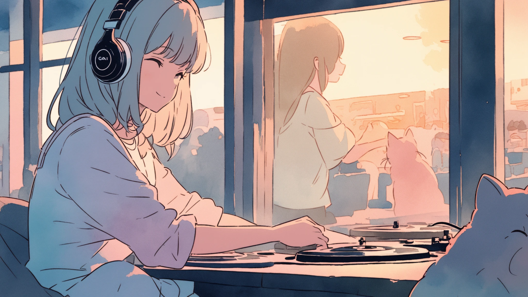 portrait、512、lofi、Girl with headphones sitting in a chair studying、City view outside the window、night、Pastel colors、Painting, lots of stars and moon, big breast
