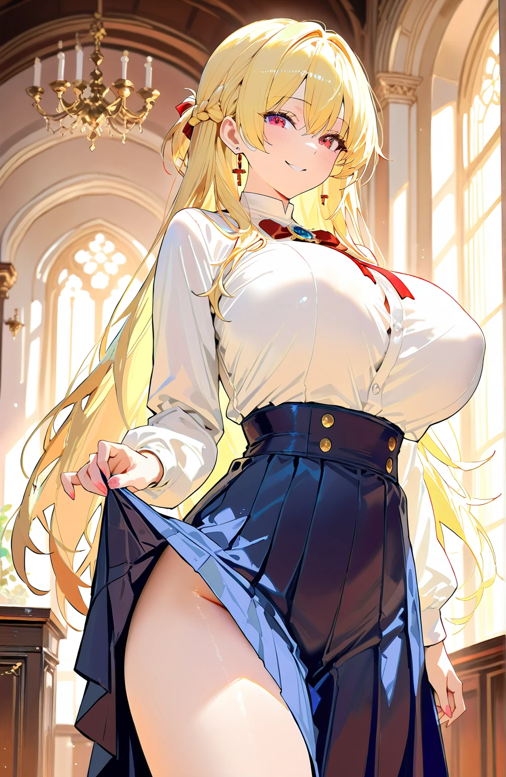((highest quality、Highly detailed CG Unity 8K wallpaper))、perfect body、unparalleled beauty、Curvy but slender body, perfect eyes, perfect face, perfect lighting, 1 girl, Detailed castle background、long hair, curly hair, fine clothes, Bright and beautiful face、young shiny glossy white shiny skin、the best beauty、the most beautiful bright blonde hair in the world、thin hair、super long straight hair、Shining beautiful bangs、Shining crystal clear big blue eyes、Very beautiful lovely 17 year old most beautiful girl in the world、big and full breasts、tits、a sexually excited look、(Sexy dress with detailed embellishment)、spread your legs wide、((She lifts up her skirt and shows her panties、I'm seducing you))、I'm inviting you to have sex
