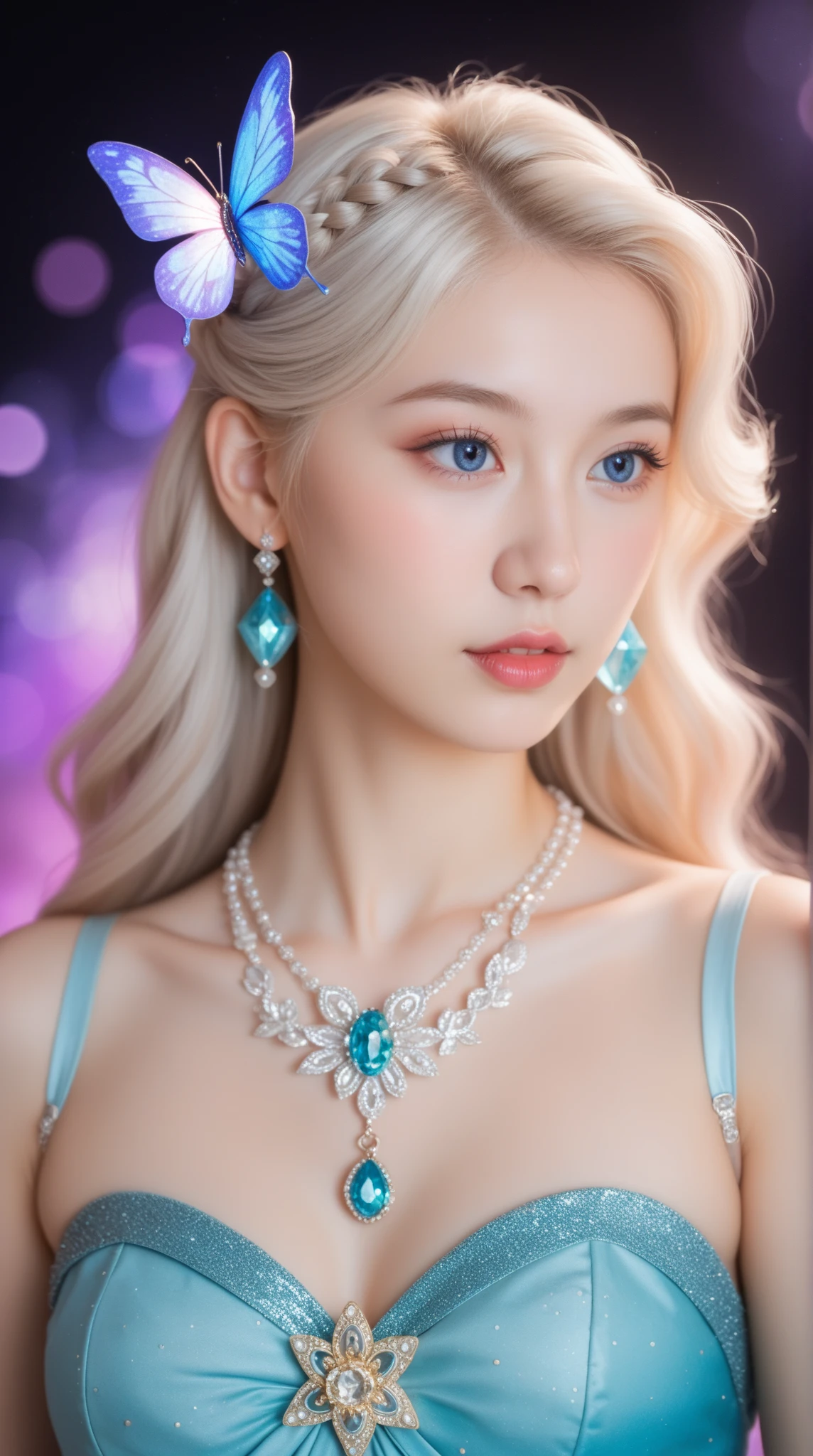 ((Highest quality, 8k, masterpiece :1.3)), Sharp focus :1.2, Beautiful woman with perfect figure :1.4, Slim Abs :1.2, ((Big Breasts, Emphasize cleavage:1.3)), (Photorealistic:1.4), (realistic:1.4), Highly detailed face and skin texture, Fine grain, double eyelid. Makeup face. A little bit of lipstick, necklace, Earrings, sex appeal, Sexy gravure pose, ((Beautiful woman wearing a blue dress。The background is the museum。The expression is an intelligent smile。Her hair is long and blonde.。The pose is looking at the picture。:1.3)