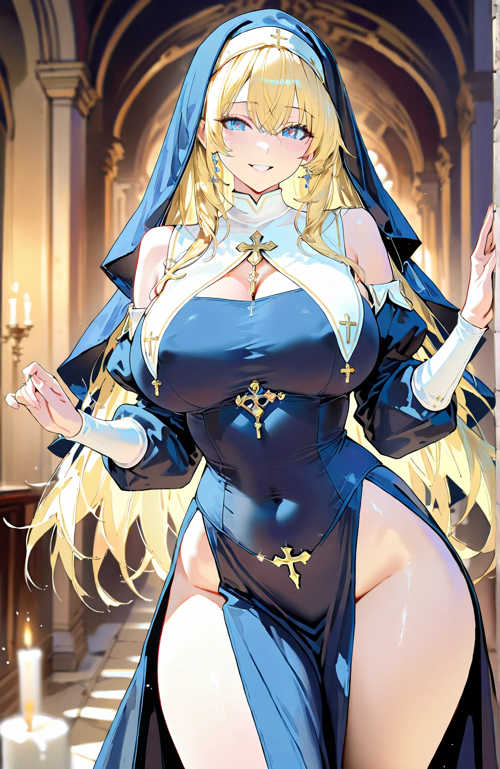 (Best Quality, 4K, 8K, hight resolution, masutepiece:1.2), Ultra-detailed, (Realistic, Photorealistic, Photorealsitic:1.37), Mature Woman, Adult Woman, notre dame, masutepiece, Highest Quality, Ultra-fine, max resolution, Extremely detailed, inside a church, Night, shining beautiful skin, ((nun)),Big breasts, Blushing,Seductive thighs,