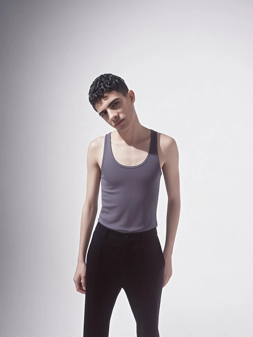 sweaty skater boy, 15 years old, wearing tank top, arm behind head, some dark wispy armpit hair, lean, not muscular,(city),athletic body,(thin waist),skinny, detailed eyes,solo,flat chest,solo masterpiece, best quality