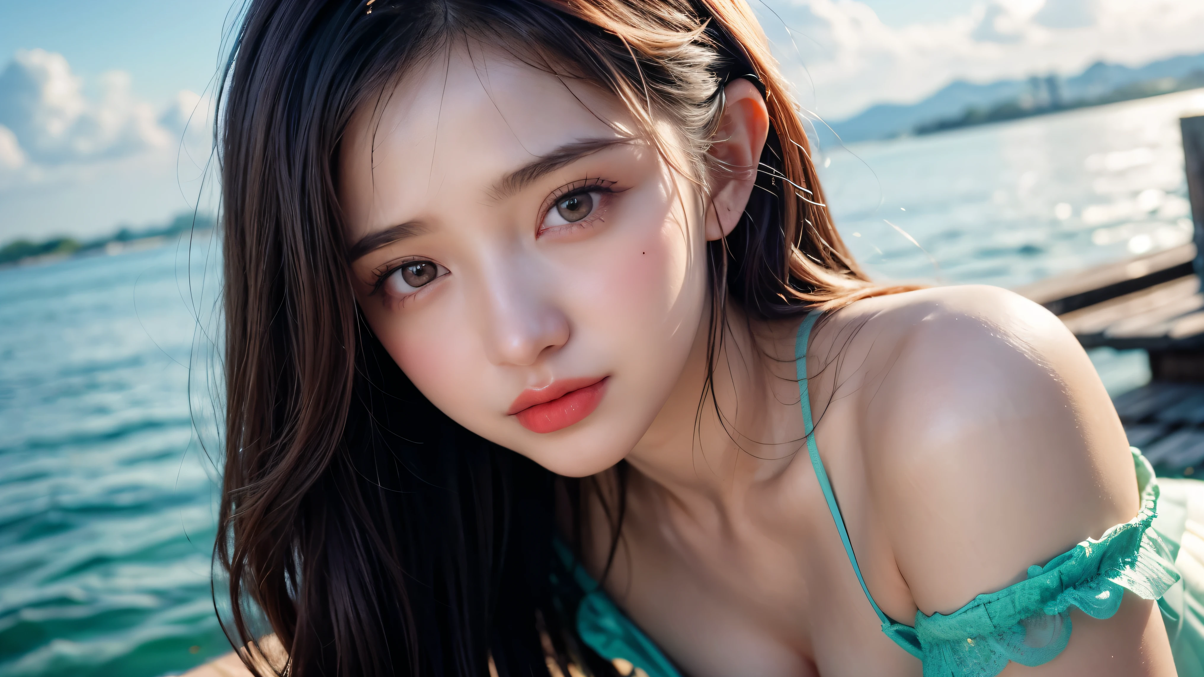 Face close-up, (Best lighting, Best Shadow, masterpiece, high quality), colorful, Vibrant, Summer mood, lots of bright colors, Beautiful woman in a red and white striped bikini set,, Hair loss, Standing on a beach with clear water and white sand, Palm tree､Bright blue sky.  masterpiece, 最high quality, high quality, High resolution, sexly, ((Face close-up)), Face close-up