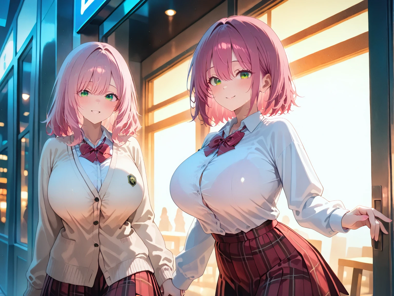 pink hair, hair, 8k, (single girl), (pigtails hairstyle), (masterpiece), ((ultra quality)), ((detailed eyes)), perfect face, (breasts stuck to the table), massive breasts, school girl, sexy look, (sit on chair and put her breasts on the table: 1.4), (huge: 1.3)