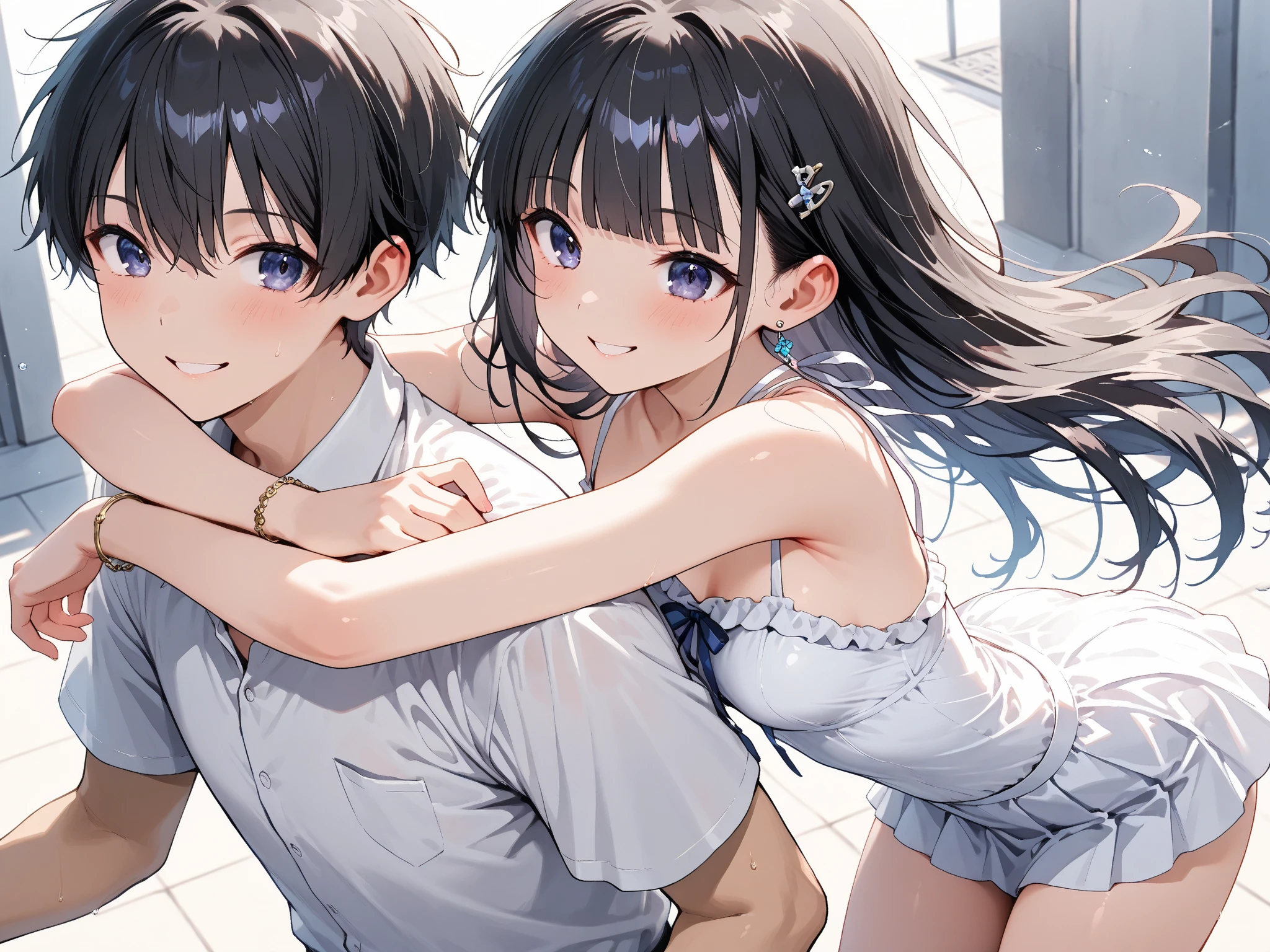 (Highest qualityのイラスト:1.2), (pretty girl:1.1), (1 girl、17 years old、Highest qualityのイラスト:1.2), (1 girl、smile、Small breasts、blue eyes)、Brown Hair、short hair、Wavy Hair、Curly Hair、Low Twintails、(Highest quality、Very detailed、Very detailed and beautiful、Ultra-high resolution) 、,{、White business shirt、Short sleeve、Grey pleated skirt}、blue sky、summer、Sweat、See-through、