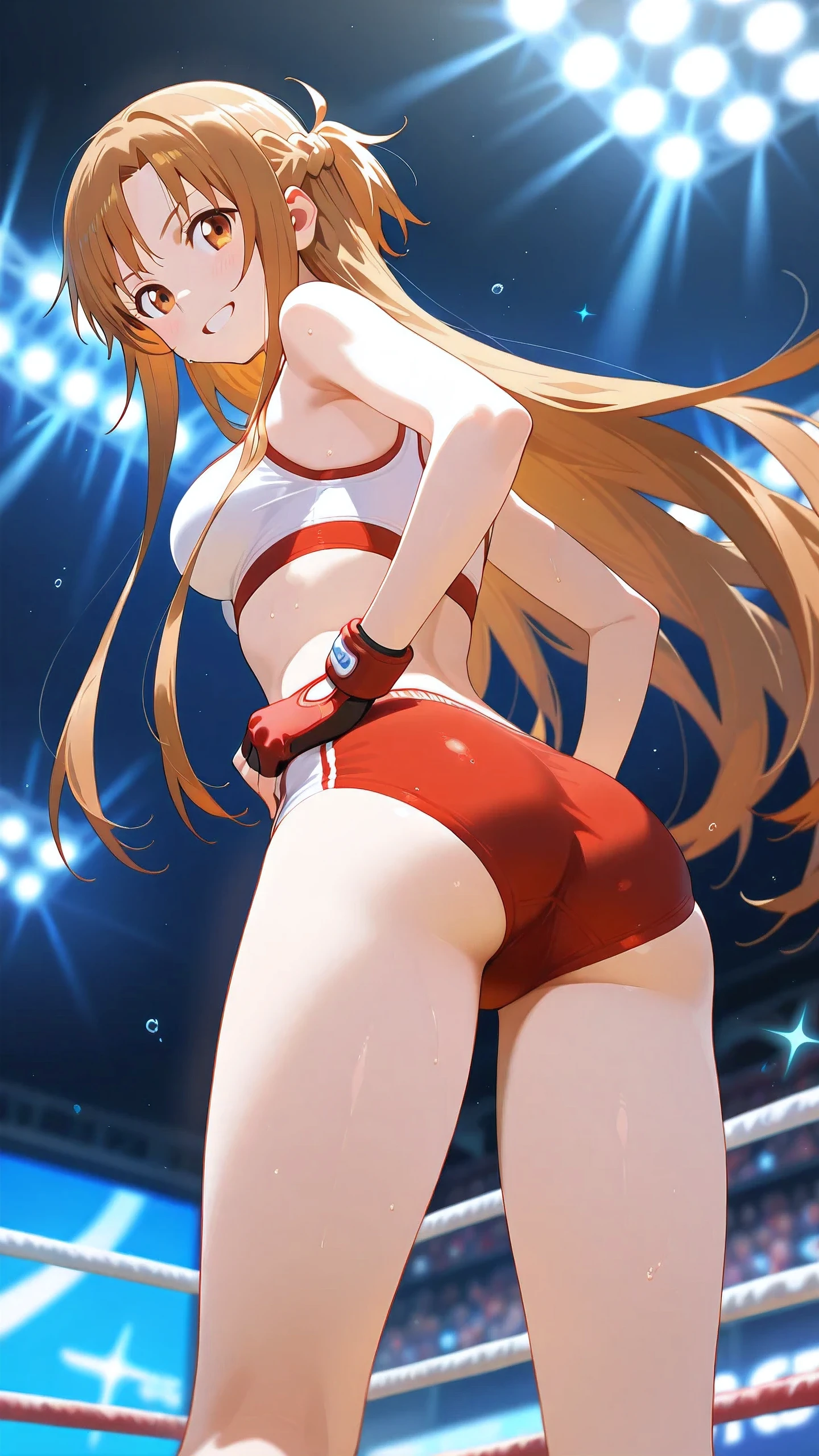 asuna_\(sao\), long_hair, brown_hair, brown_eyes,, solo, Detailed eyes, white sports bra, red boy leg underwear, fingerless gloves, thigh, cleavage, slim long legs, medium breast, serious grin, looking down at viewer, Detailed eyes, Detailed face, victor, hands on hips, from behind, from below, cowboy shot,
indoor boxing ring, spectator seats, spot lights, (depth of field, dynamic angle).