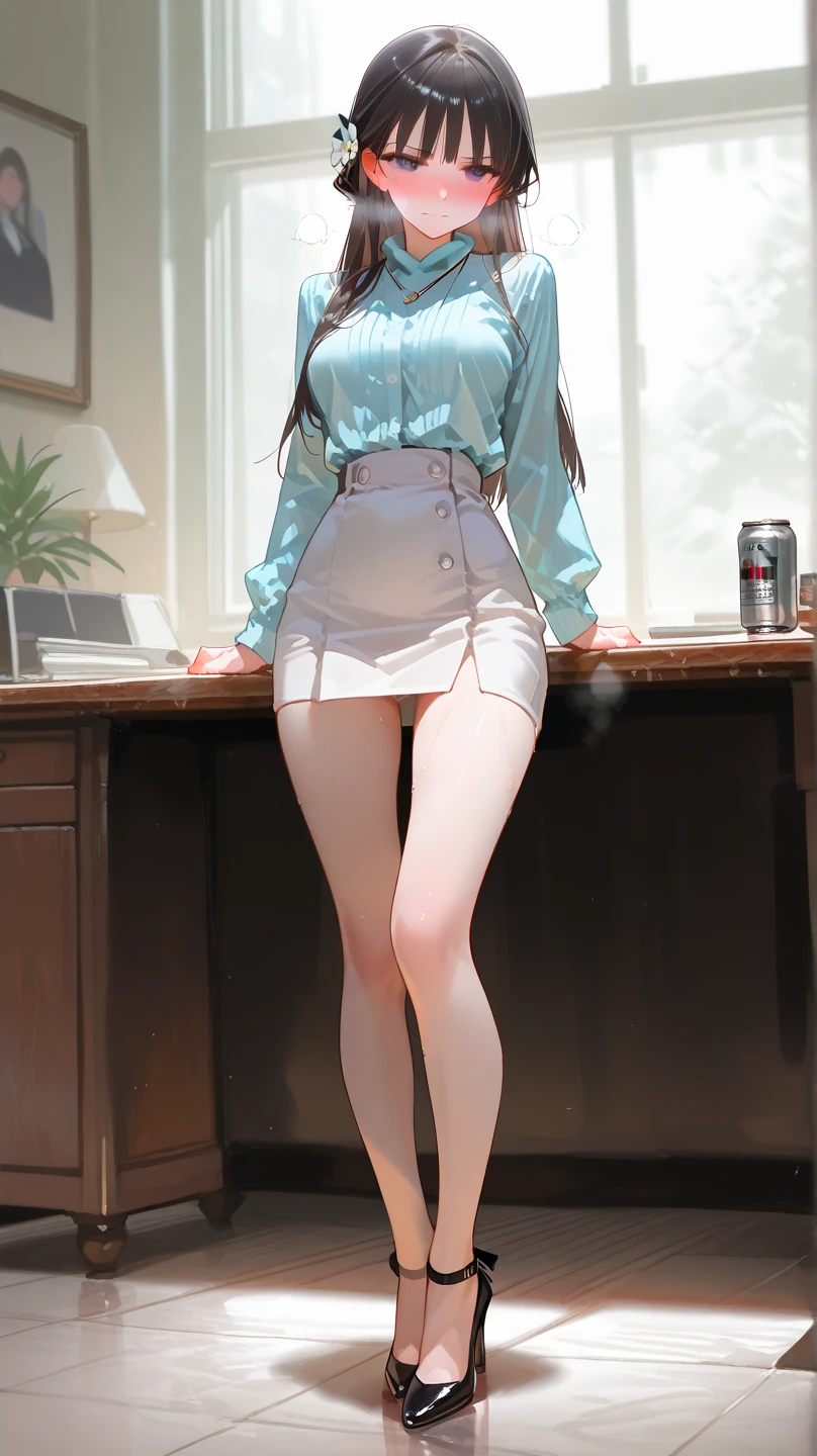 one woman,lightslategray skirt,dress shirt,white lace panties,lift up skirt,cleavage between breasts,wariza,hand between legs,taking off clothes,tiny breasts,butt,tall of a person,thin,gleaming skin,cute face,thick eyebrows,sharp eyes,embarrassed,seductive smile,naughty expression,excited,flushed cheeks,bob hair,wave hair,saddlebrown hair,blue eyes,peer in from below,indoor,on the bed,illustration style,anime style,masterpiece, extremely fine and beautiful,illustration,kiss,adult woman, up chest