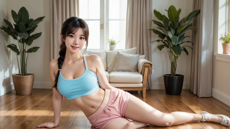 (((sfw:1.5)))、Woman running in bikini、round face、Baby Face、Cute Smile、Sunburn、 Highest quality soft lighting,Blue hair color、 ((realistic perfectly round brown_eye:1.3、Big Eyes、Dripping eye)) (highest quality: 1.4), (Ultra HD: 1.2), (Photorealism: 1.4), (8k, RAW Photos: 1.2), (Sharp focus: 1.4) 、 (((Anatomically correct)))、(Perfect Body Proportions)、(Natural Hands、Natural Fingers、Natural Legs)