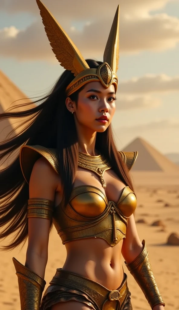 In the heart of Ancient Egypt, amidst the swirling winds and golden sands, two elegant princesses clash with fierce determination. The sun sets, casting long, dramatic shadows over their magnificent forms. The first princess, a radiant and glorious young woman, stands tall with a perfect, beautiful face that could melt the hardest of hearts. Her lean, toned physique is armored in intricately designed metal plates, reflecting the sun's last rays. With eyes filled with intense focus, she executes a graceful yet powerful pose.

The second princess mirrors her counterpart, equally beautiful and determined. Her dark, almond-shaped eyes gaze relentlessly at her opponent,