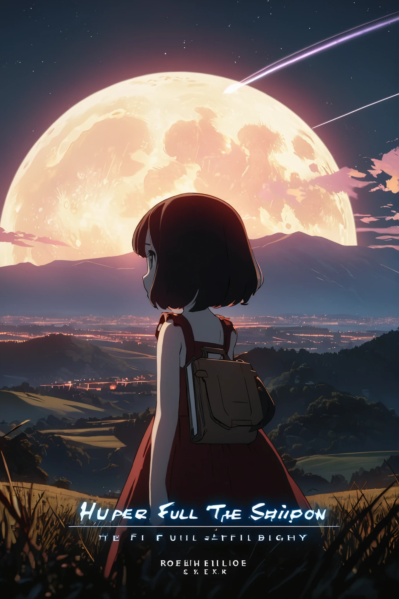 surrealism, High detail, Cinematic lighting, Ray tracing, angle of view, Eye level shots, hyper HD, Masterpiece, Textured skin, 4K, Best quality, Book cover, back view, view, titled Message from a shooting star,Countryside, mountains, night,The full moon shone brightly.