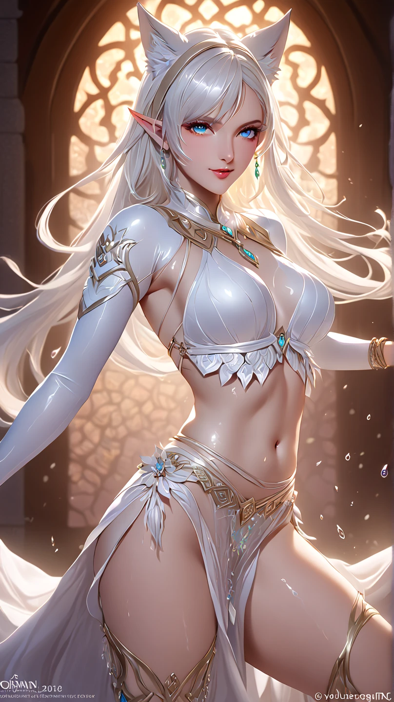 Beautiful female emperor, Crystal clear skin, Beautiful appearance, There is deep wisdom in her eyes, It was as if she had seen through everything in the world, Dressed in a gorgeous white robe, Holding a long sword, Dancing robes in the breeze，Silver hair flutters in the wind, The white robe perfectly outlines the embryonic figure, The manners are gentle and idyllic, Like a flawless fairy