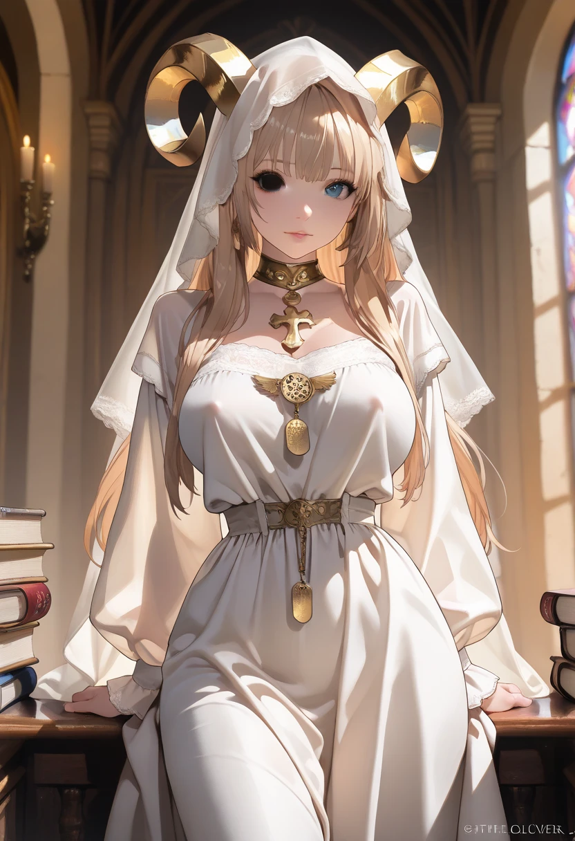 anime styling, best qualityer, pale white woman, Very long pastel pink hair, some wavy locks, bangss, purples eyes, Nun (nun), dressed in royal clothes in black and white tones full of golden details, body covered. She is praying with a serious expression on her face. The background must be illuminated by a holy light, with light particles floating in the air, to create a serene and spiritual environment. Medieval RPG Theme.
