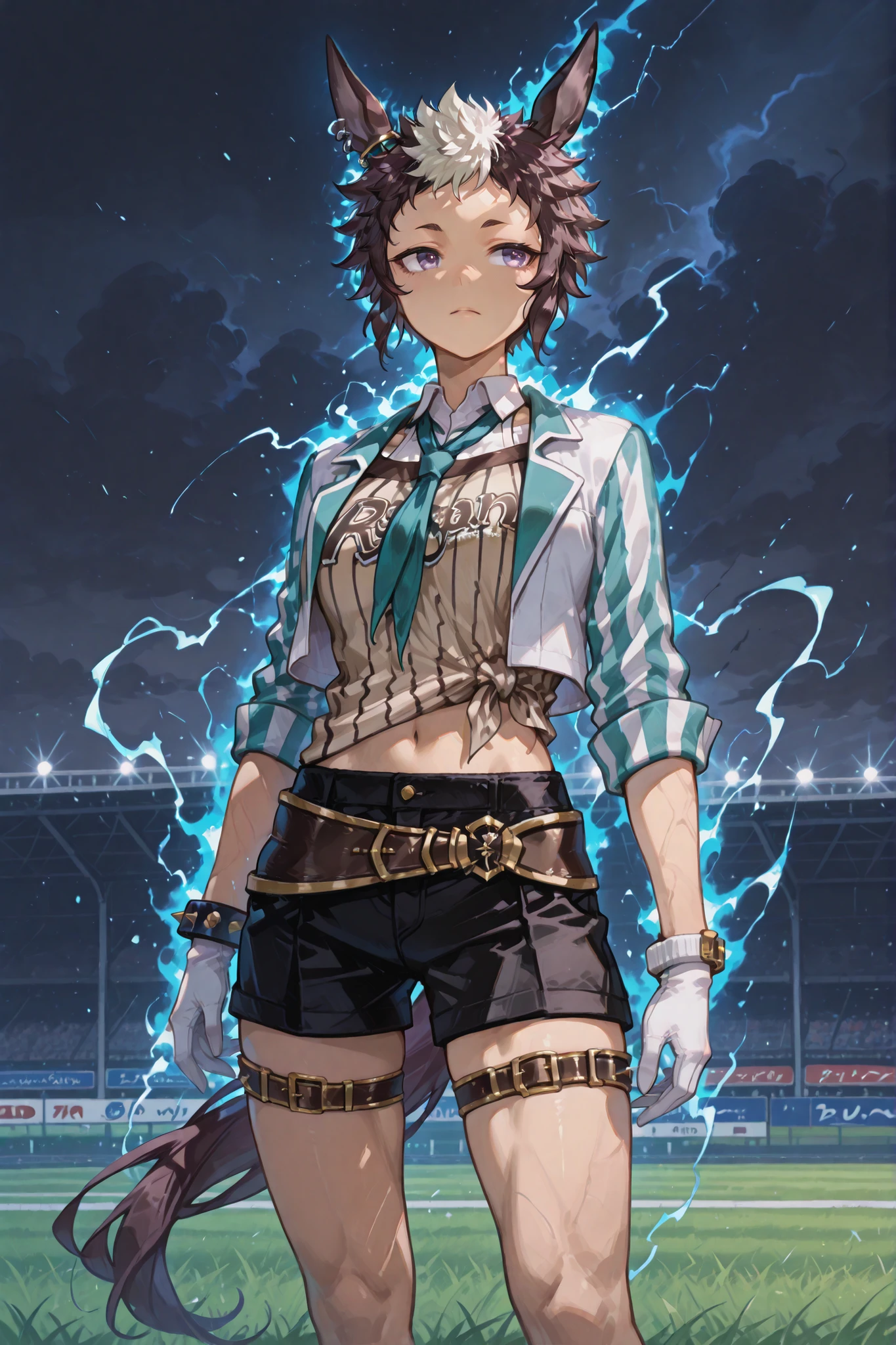 mejiro ryan (umamusume), two-tone jacket, white jacket, aqua jacket, cropped jacket, vertical-striped jacket, open jacket, sleeves rolled up, layered shirt, brown shirt, vertical-striped shirt, tied shirt, clothes writing, white shirt, collared shirt, aqua necktie, white gloves, black shorts, brown belt, thigh belt, spiked bracelet, midriff, navel, a cold condescending look, standing confidently on a grassy racetrack, surrounded by a blazing blue aura with swirling energy, dark stormy sky with a faint lightning glow, hair and outfit flowing in the wind, cinematic lighting, ultra-detailed, 4K resolution, Muscular legs that are thicker than the waist, yabuki