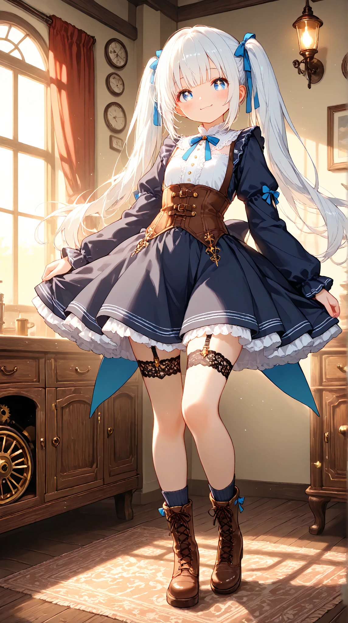 saints,Attractions,having fun,in love,(Modern shirt+short skirt),silver hair,blue eyes,see through transparent clothes,Delicate hair accessories,Transparent lace,Sky blue pattern,night,Beautifully dressed,bedroom,the only person,night,Carved suspender boots,super ultra detail