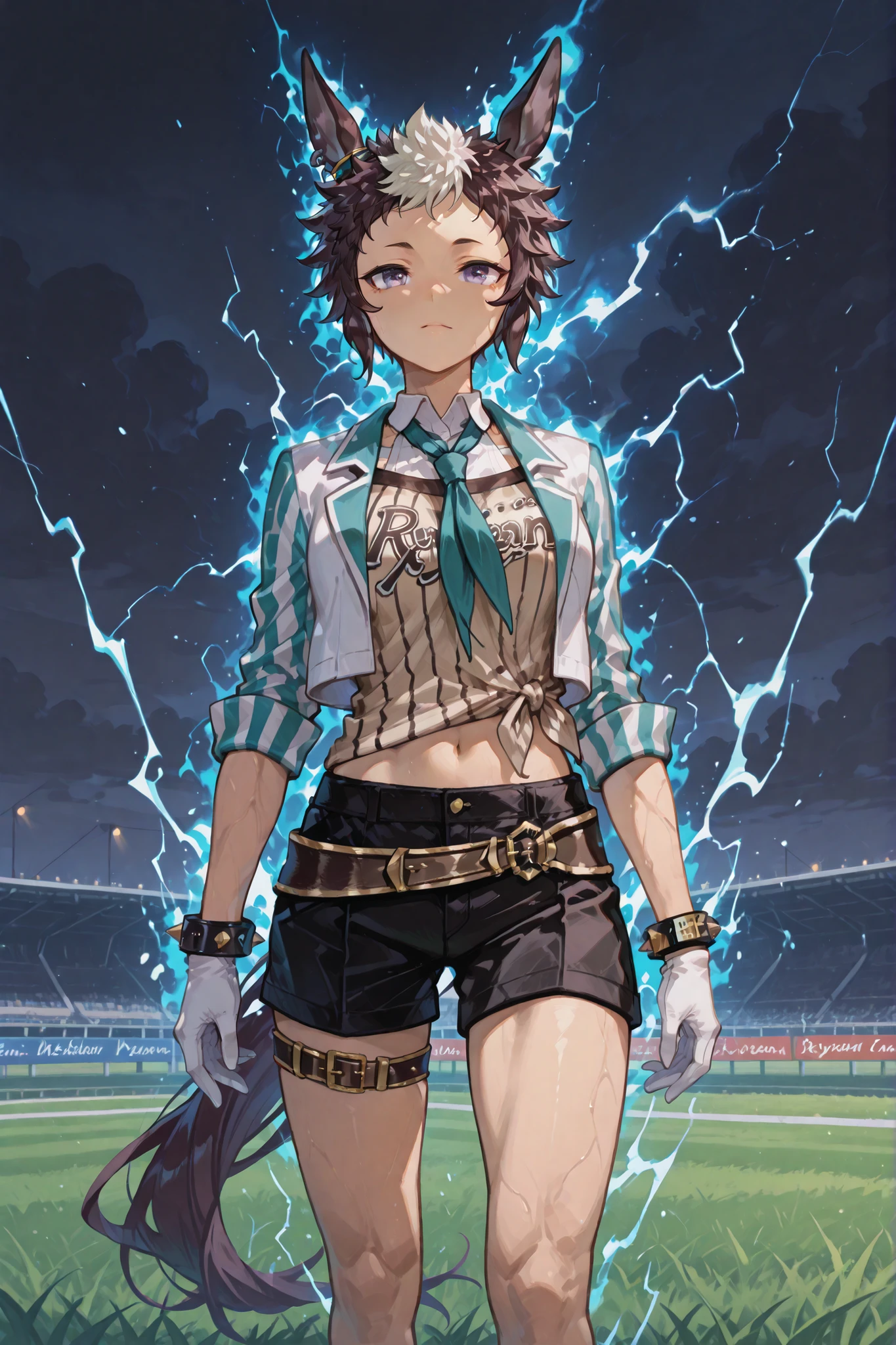 mejiro ryan (umamusume), two-tone jacket, white jacket, aqua jacket, cropped jacket, vertical-striped jacket, open jacket, sleeves rolled up, layered shirt, brown shirt, vertical-striped shirt, tied shirt, clothes writing, white shirt, collared shirt, aqua necktie, white gloves, black shorts, brown belt, thigh belt, spiked bracelet, midriff, navel, a cold condescending look, standing confidently on a grassy racetrack, surrounded by a blazing blue aura with swirling energy, dark stormy sky with a faint lightning glow, hair and outfit flowing in the wind, cinematic lighting, ultra-detailed, 4K resolution, Muscular legs that are thicker than the waist, yabuki